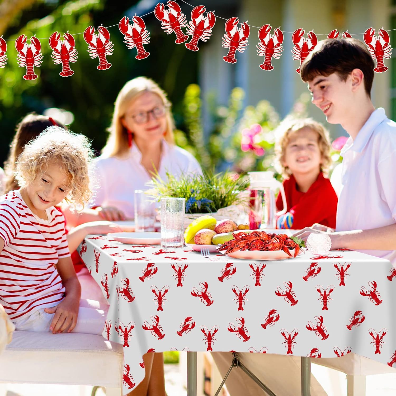 Flutesan 2 Pcs Crawfish Tablecloth and 2 Pcs Lobster Banner Crawfish Boil Table Covers Decorations for Birthday Party Supplies Festival Potluck Barbecue, 86 x 51 Inch, White and Red