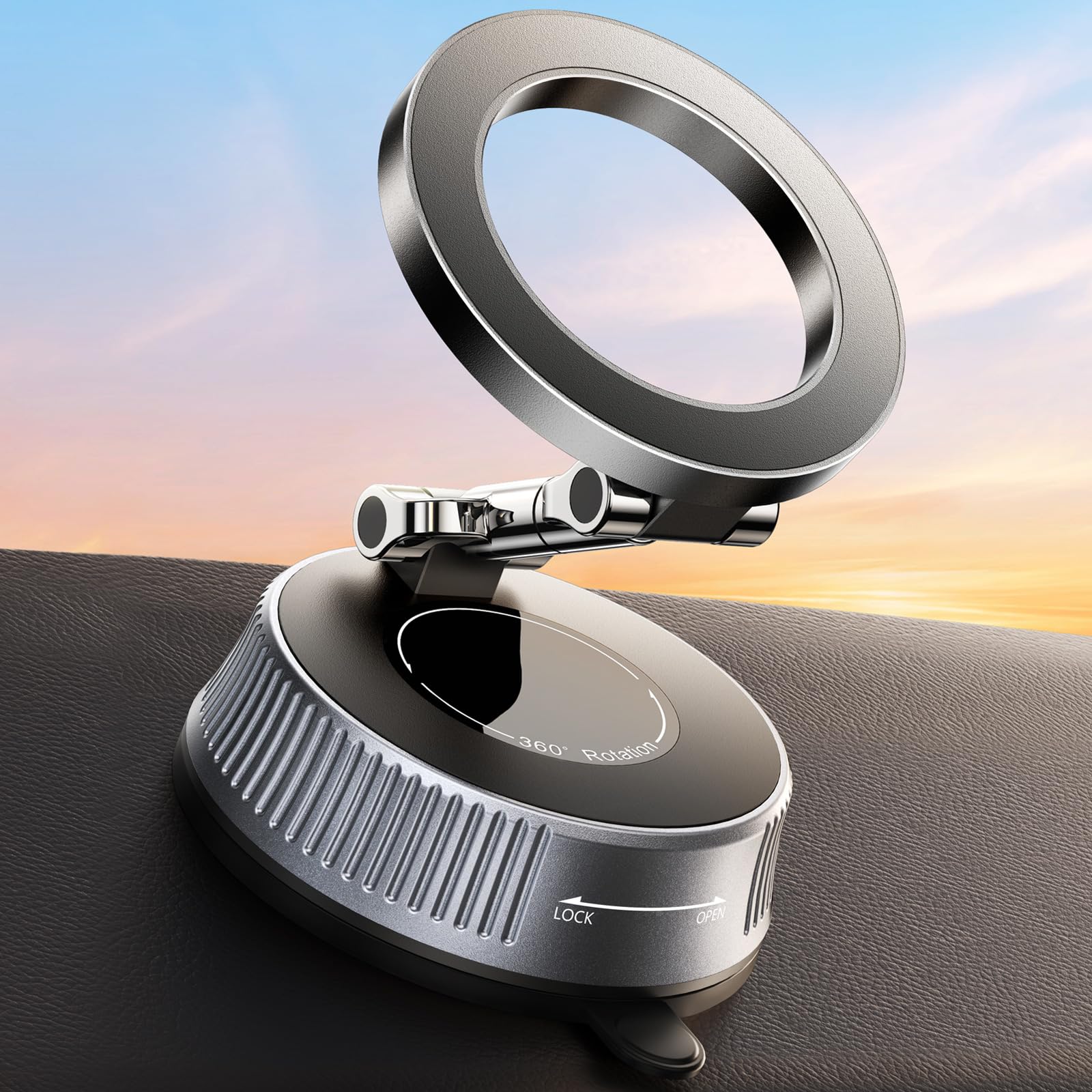 Magnetic Mobile Phone Car Holder with Vacuum Suction Nano Gel Enhanced, Adjustable 360° & Foldable Support Telemovel Cart for MagSafe, Includes Metal Ring, Universal for iPhone/Android