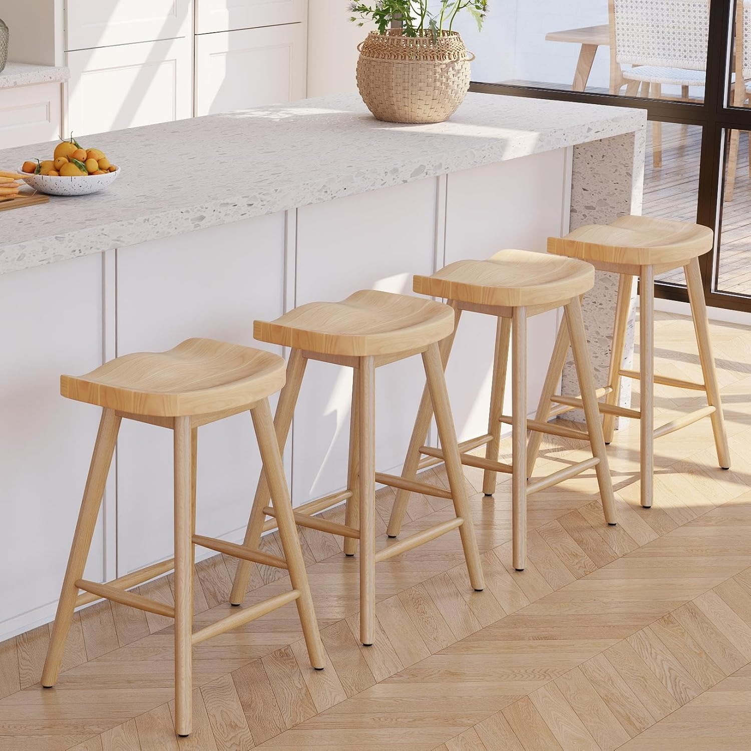 LukeAlon 24.25" Classic Counter Height Wood Barstool Set of 2 Wooden Ergonomic Farmhouse Barstools with Footrest Saddle Stool for Kitchen Counter Breakfast Bar Pub Bistro with Backless Seat, Natural