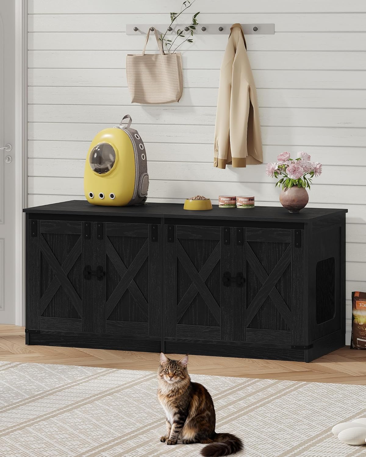 Cat Litter Box Enclosure for 2 Cats, Hidden Litter Box Furniture Cabinet with Double Room, Indoor Cat House, Farmhouse Style, 46.7 x 18.9 x 21.1 Inches, Black CB85304X