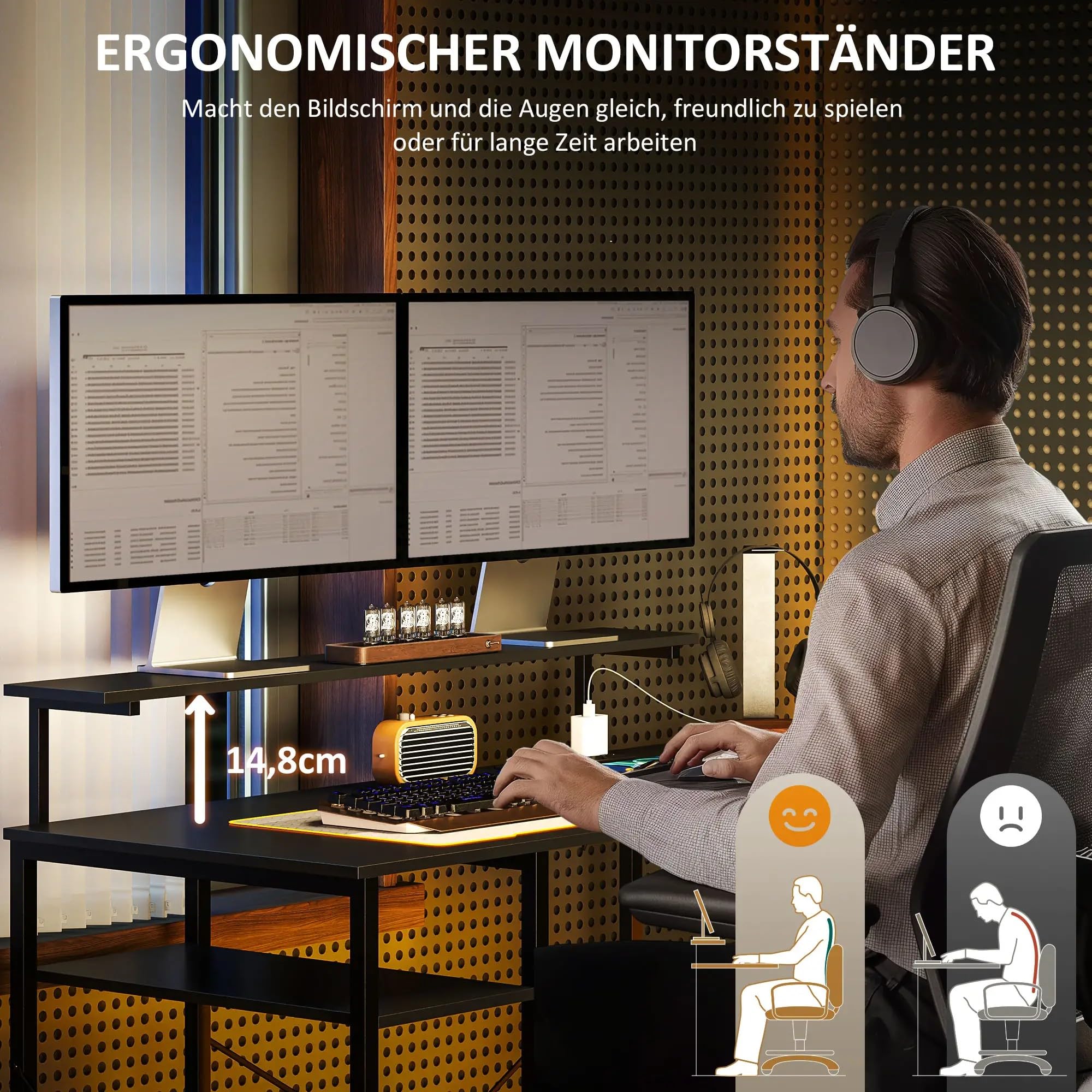 I0I&I0I Eckschreibtisch L-förmig 137x140 cm in Schwarz, Computertisch mit USB-Steckdose, Monitorständer & 6 Ablagen, Metall-Bürotisch mit Regal, Homeoffice Arbeitstisch Stabil & Platzsparend (Stil 1)