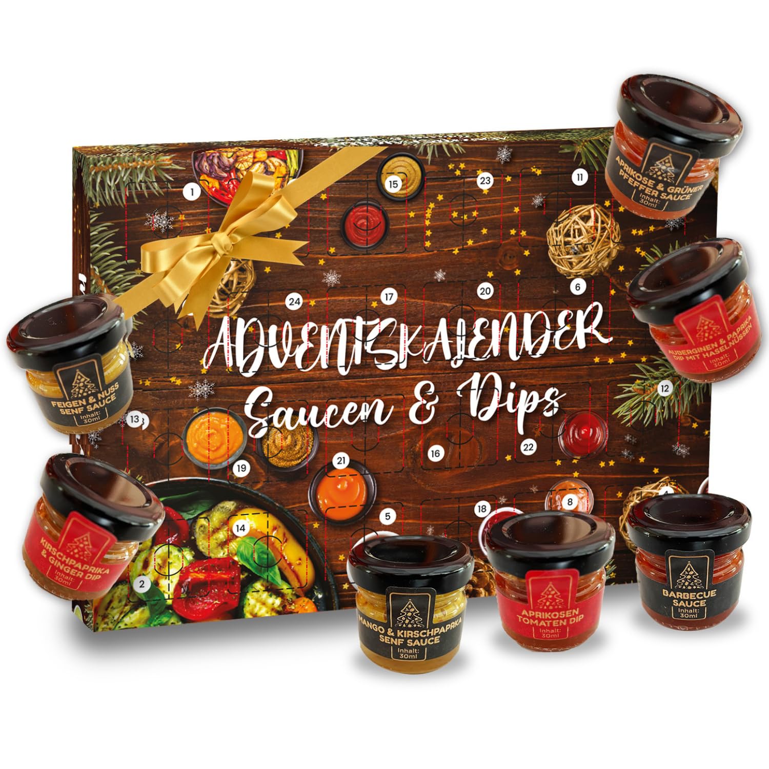 He-Ju Saucen Adventskalender 2025, 24 Saucen & Dips in 30ml Gläschen, BBQ über Dattel Senf Sauce u.v.m, Geschenk für Männer, Foodies & Grillfans, Handgemacht in Deutschland