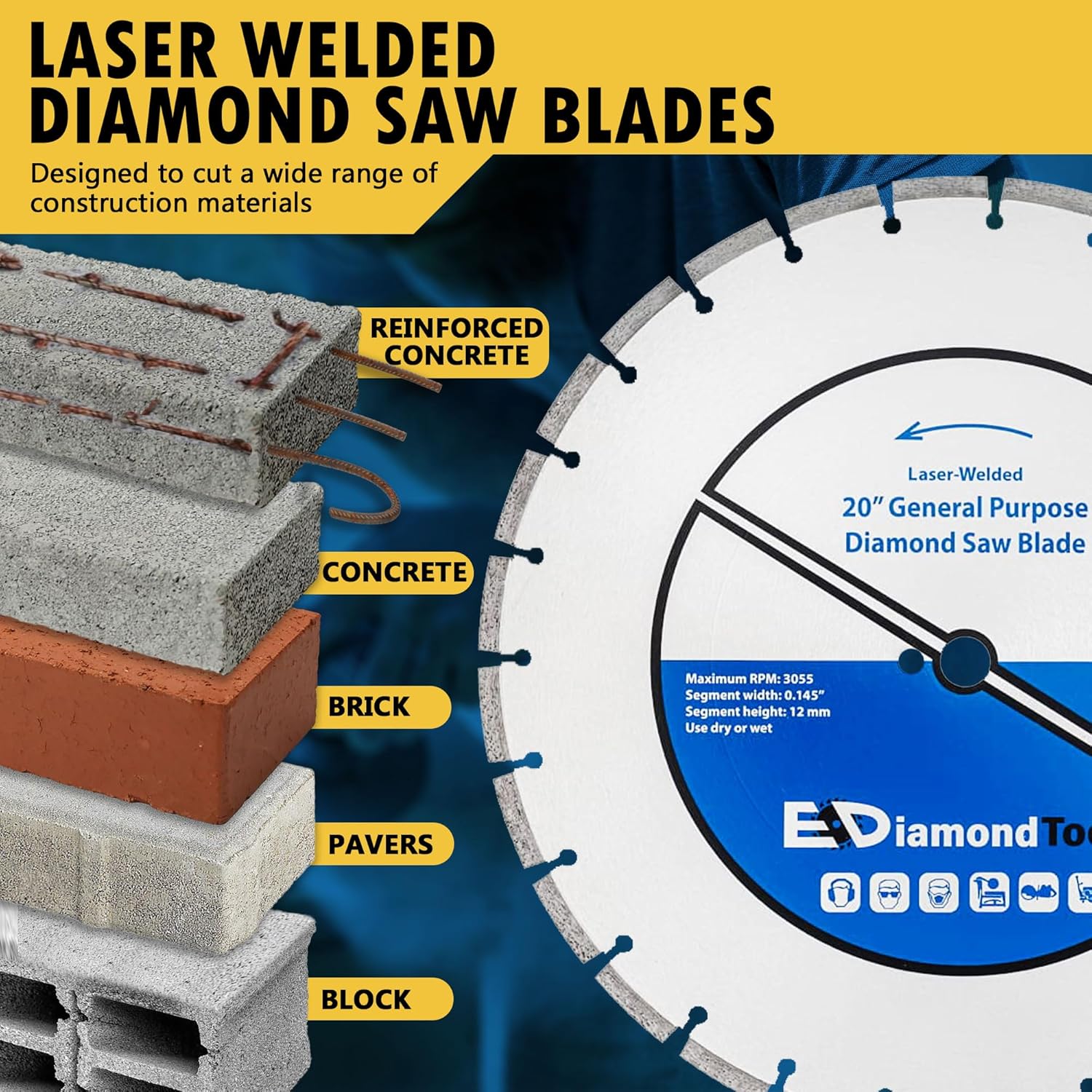 20" Laser Welded Diamond Saw Blade for Concrete, Brick, Block and Masonry, Heat Treated Blade Core, Dry or Wet, 1" Arbor 20 Inch Laser-Welded 1