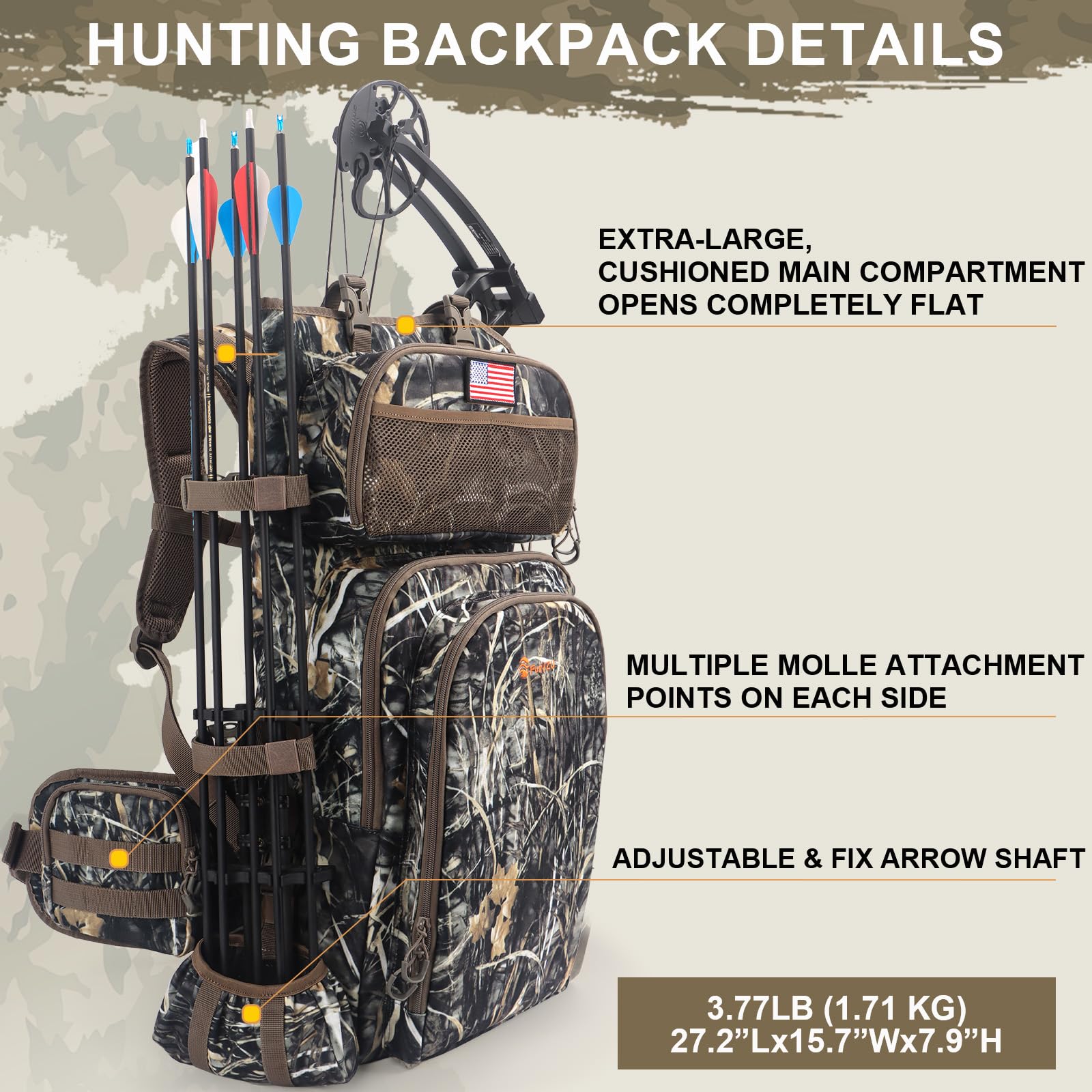 Sac à dos de chasse homme avec porte-arc, sac de chasse en selle et sac de sport