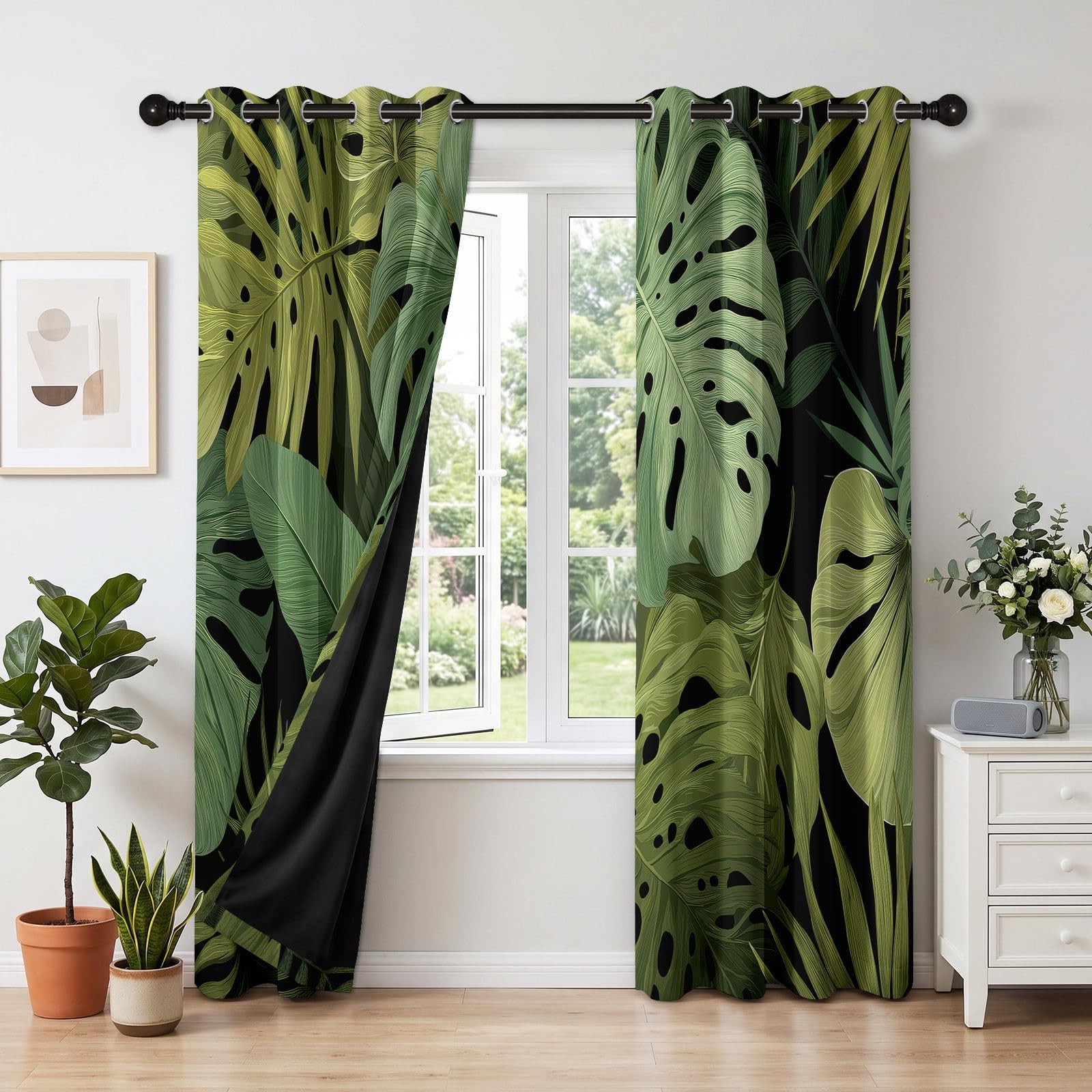 117 x 229 cm, zestaw 2 termicznych zasłon zaciemniających Tropikalna dżungla, rośliny monstera zachwycające, izolowane zasłony okienne, tłumiące hałas i światło, miękka i elegancka tkanina do salonu