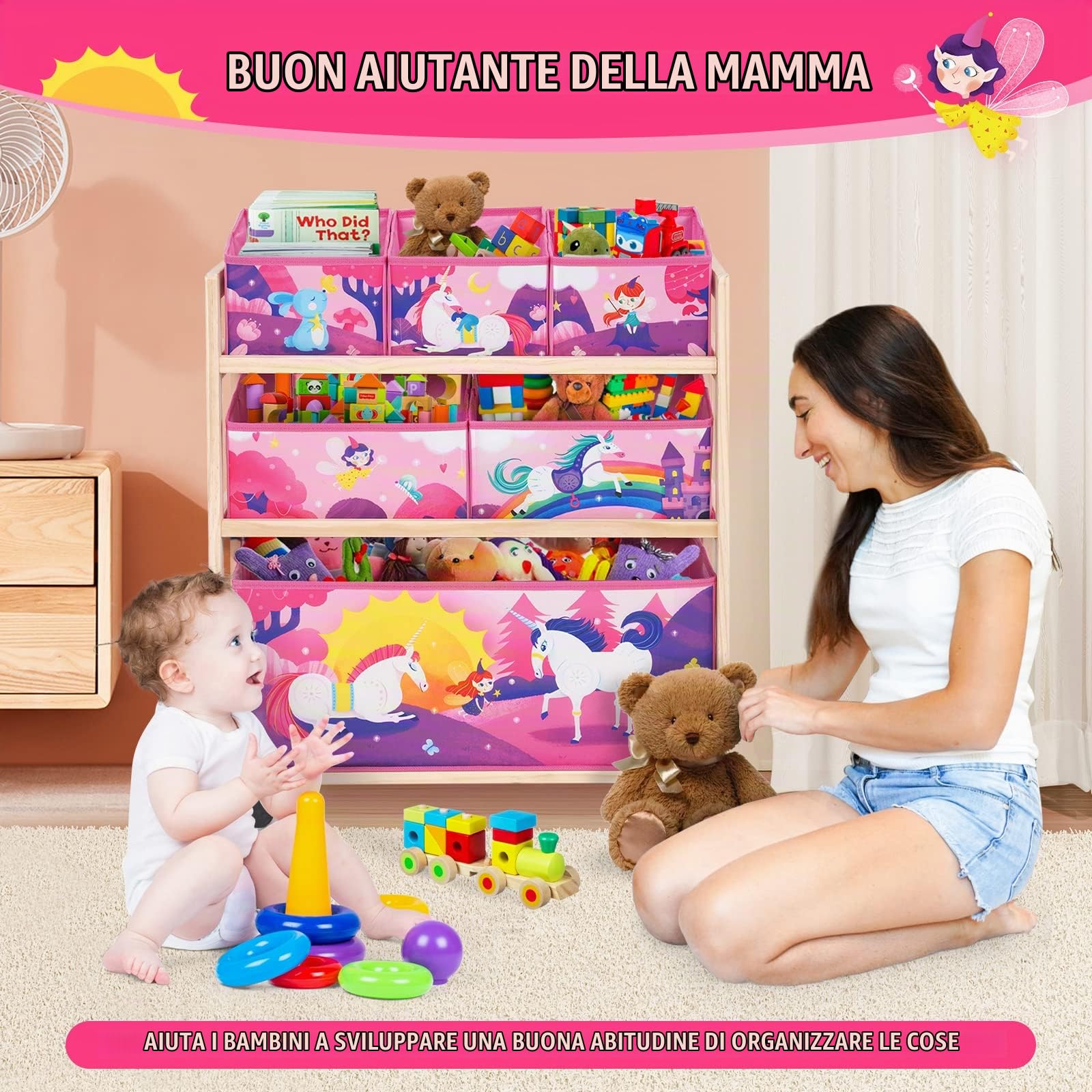 Organizer Per Giocattoli Per Bambini Con 6 Contenitori E Ruote,Scaffale Per Giocattoli