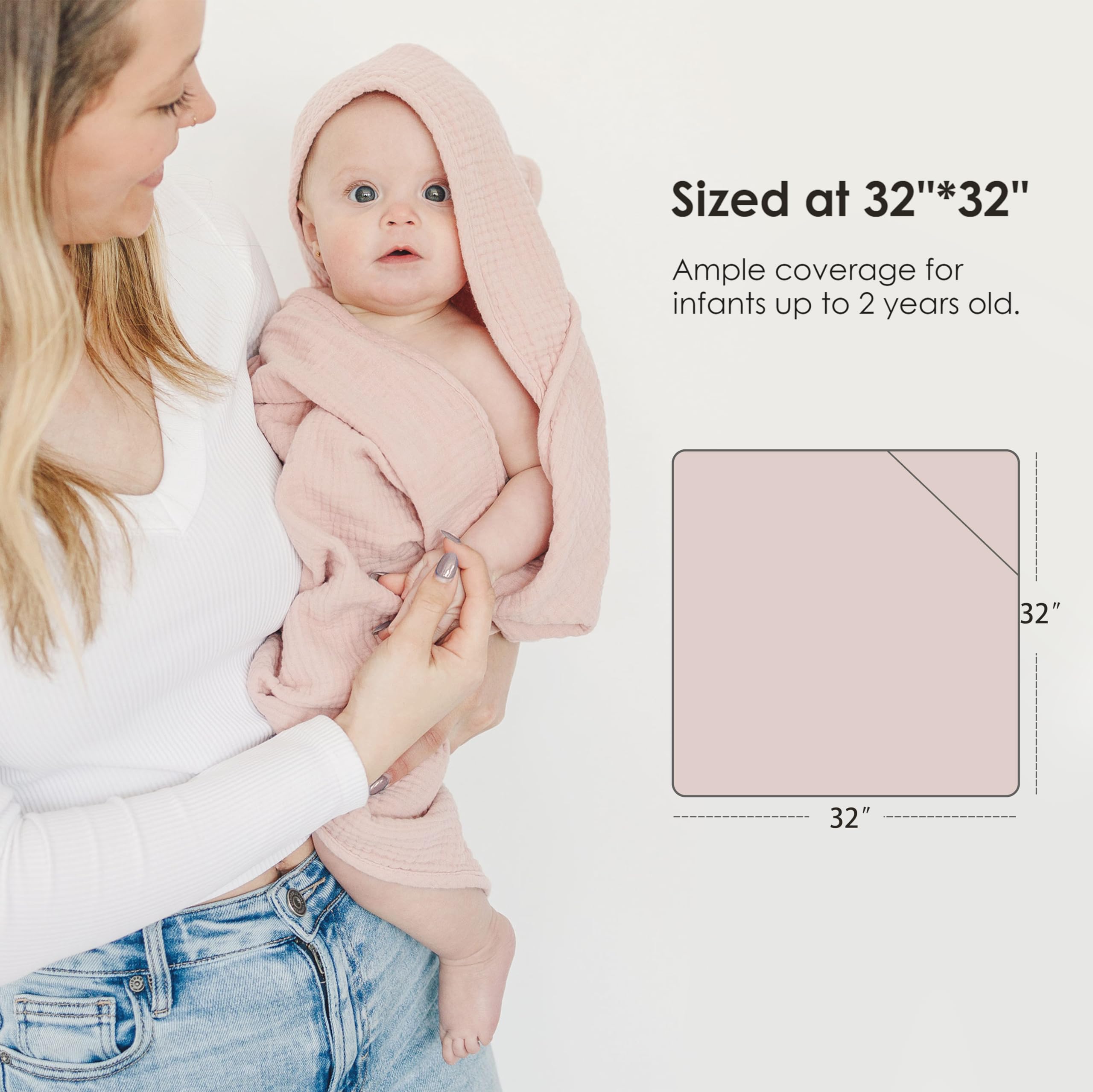 MairMore Toallas de muselina con capucha para recién nacidos, 100 % algodón, toallas de baño para bebé, suaves y absorbentes, toalla de bebé con capucha para niños y niñas, tamaño grande, 81 x 81 cm