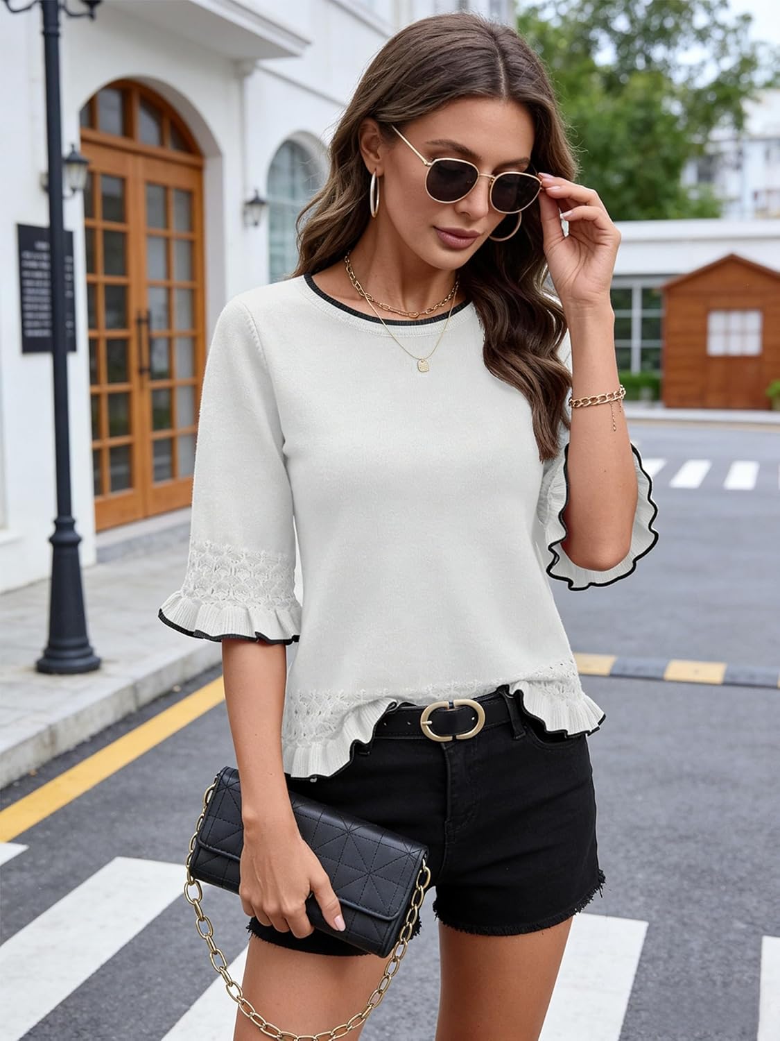 AKEWEI Womens 3/4 Sleeve Sweater Crewneck Knit Peplum Tops Lightweight Casual Pullover Cropped Sweaters - Image 3