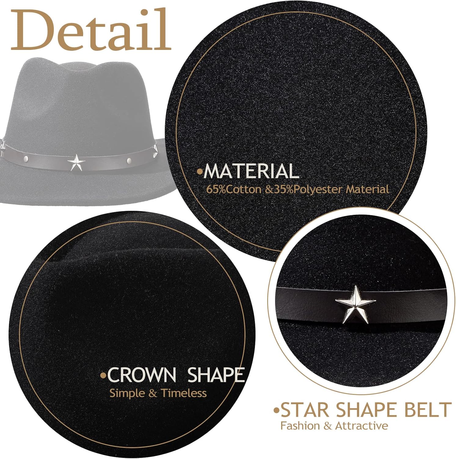 Mumufy 4 Pcs Classic Western Cowboy Hat Men Felt Wide Brim Hats Women Belt Buckle Cap for Adults - Image 3