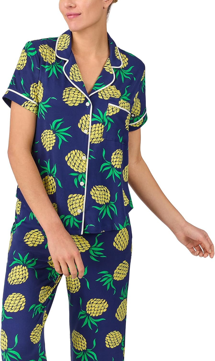 kate spade new york Pajamas for Women 2 Piece Set - Comfy Recycled Poly Jersey Notch Collar Short Sleeve Button Top & Elastic Waistband Cropped Pants, Navy Pineapple Toss, Large