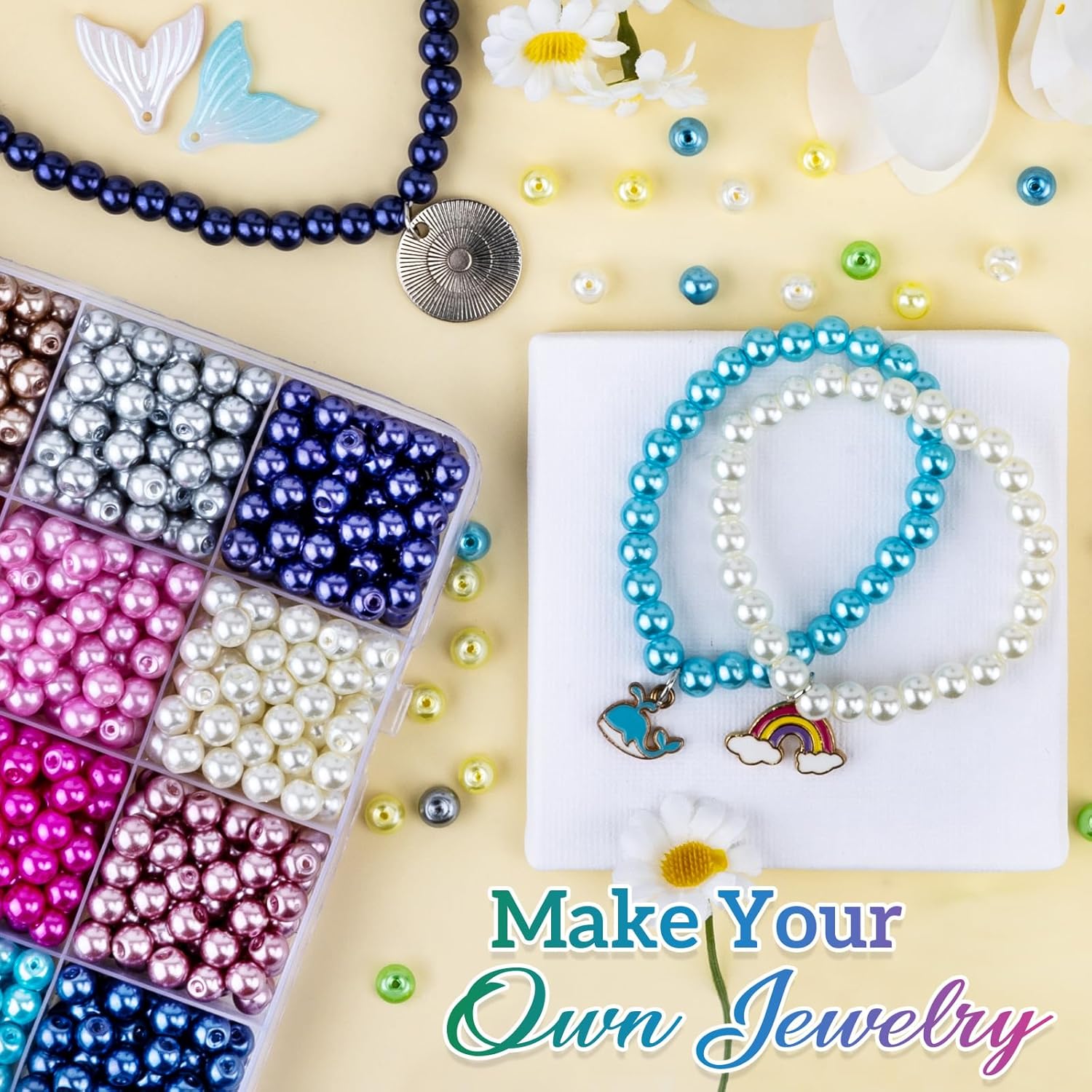 XSEINO About 1200+ PCS 6mm Imitation Pearl Style Glass Beads Bracelet Making Kit, 24 Assorted Colors Imitation Pearl Series Crystal Beads for Jewelry Making and DIY Crafts, Friendship Bracelets - Image 6