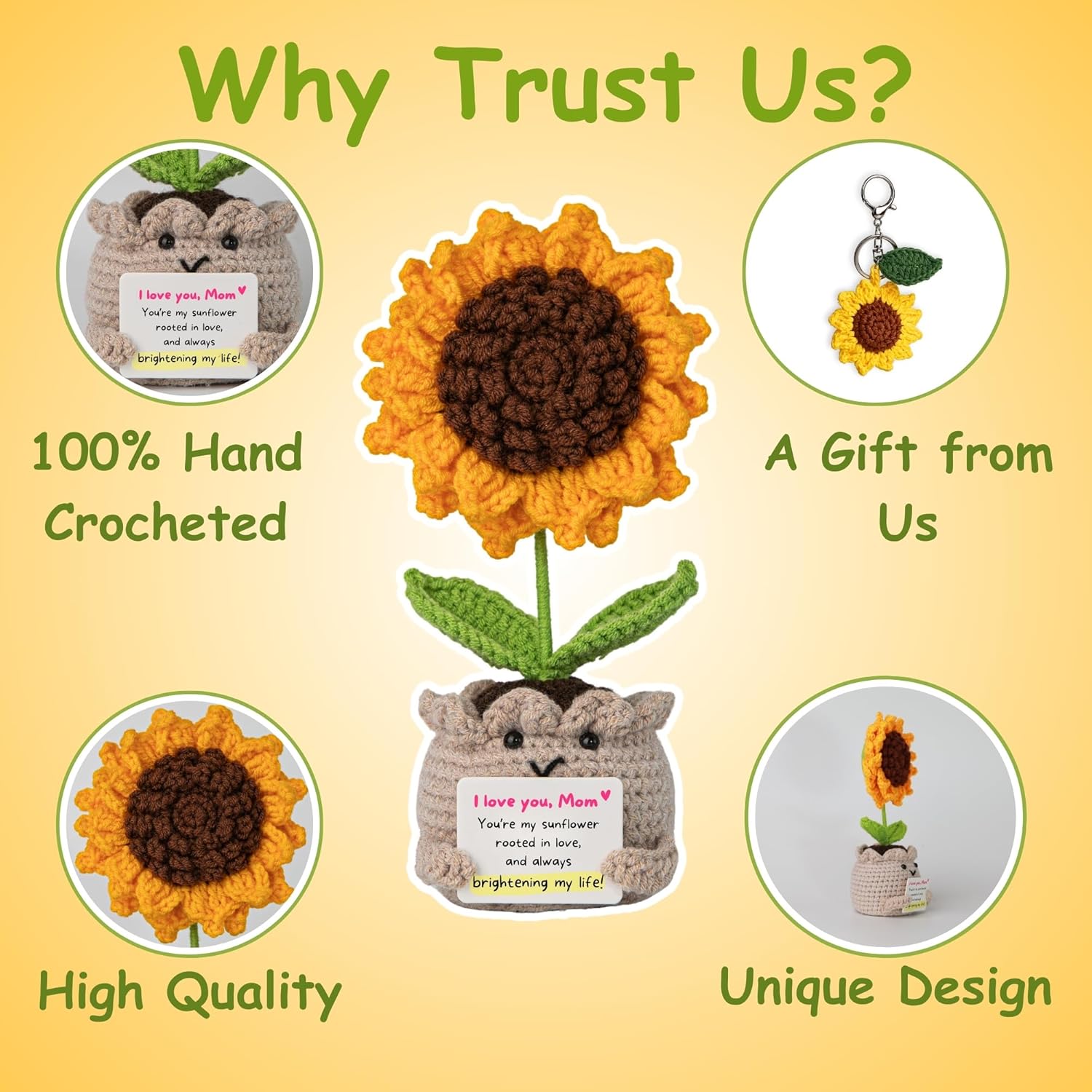 New Mom Gift – Sunflower Crochet Doll with 'I Love You Mom' Quote Card (7.4"x3.4") – Handmade Gift for Mom, Perfect for Mother's Day, Birthday & Any Occasion - Image 4