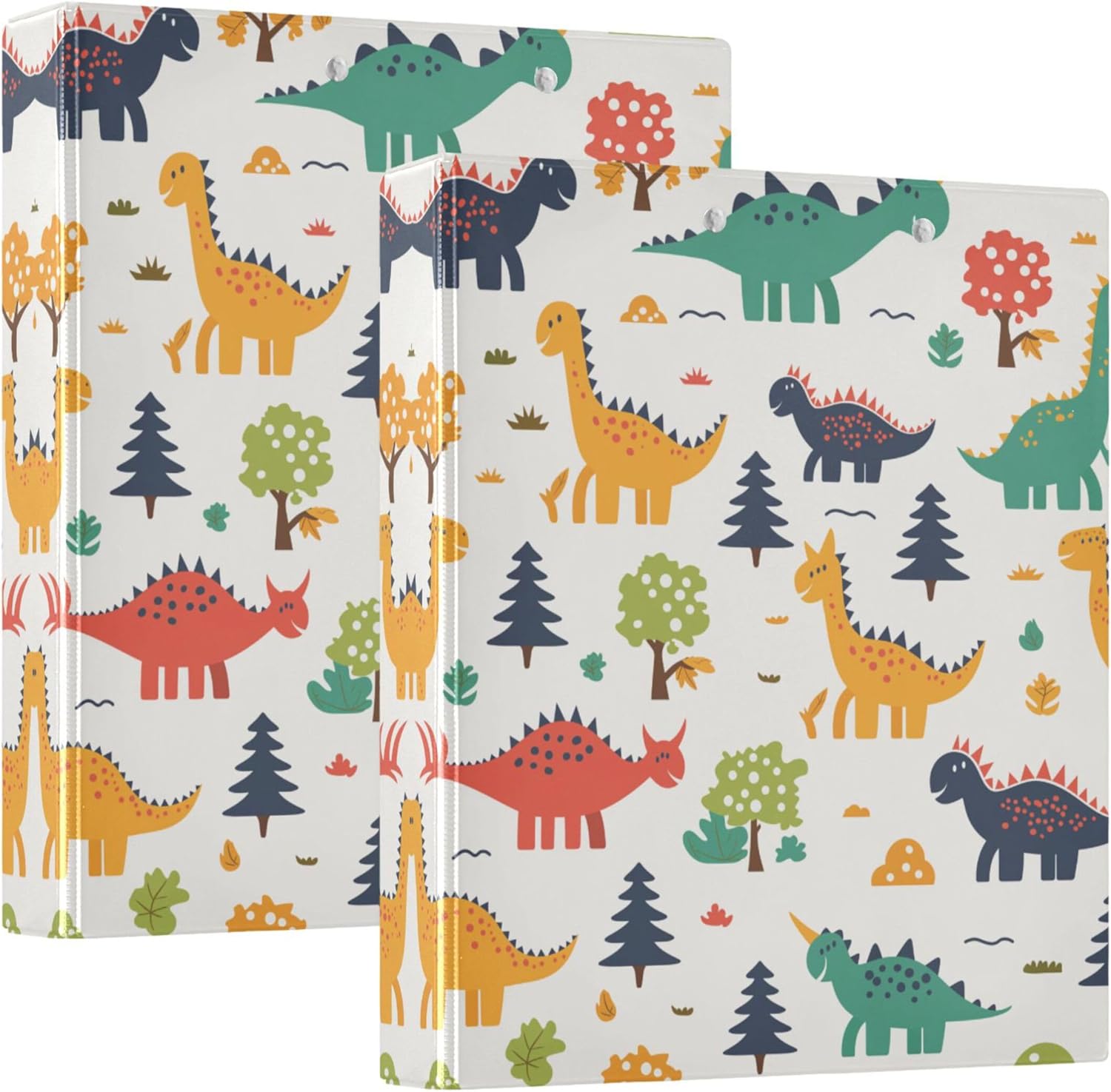 Cute Cartoon Dinosaurs 3 Ring Binders, 1.5” Round Ring Binders with Clipboard - Letter Size, 3 Interior PVC Clear Pockets & Anti-Slip Clip for Office School Supplies, 2PCS