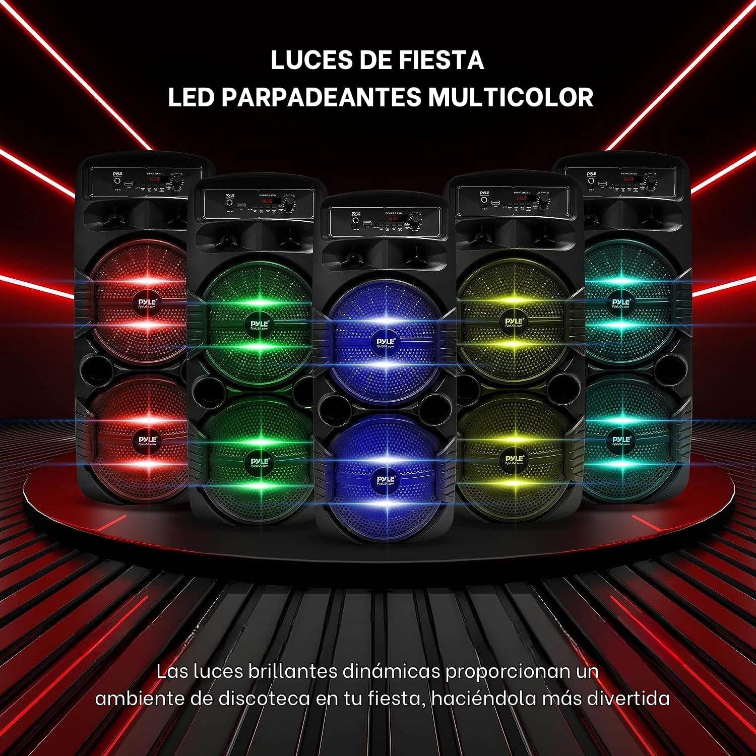 Pyle Sistema de Altavoces, PA, 600W, Bluetooth, Portatil, Recargable, Interiores, Exteriores, Subwoofer de 8”, Tweeter de 1”, función de grabación, micrófono, Luces de Fiesta, Radio USB/SD, Negro