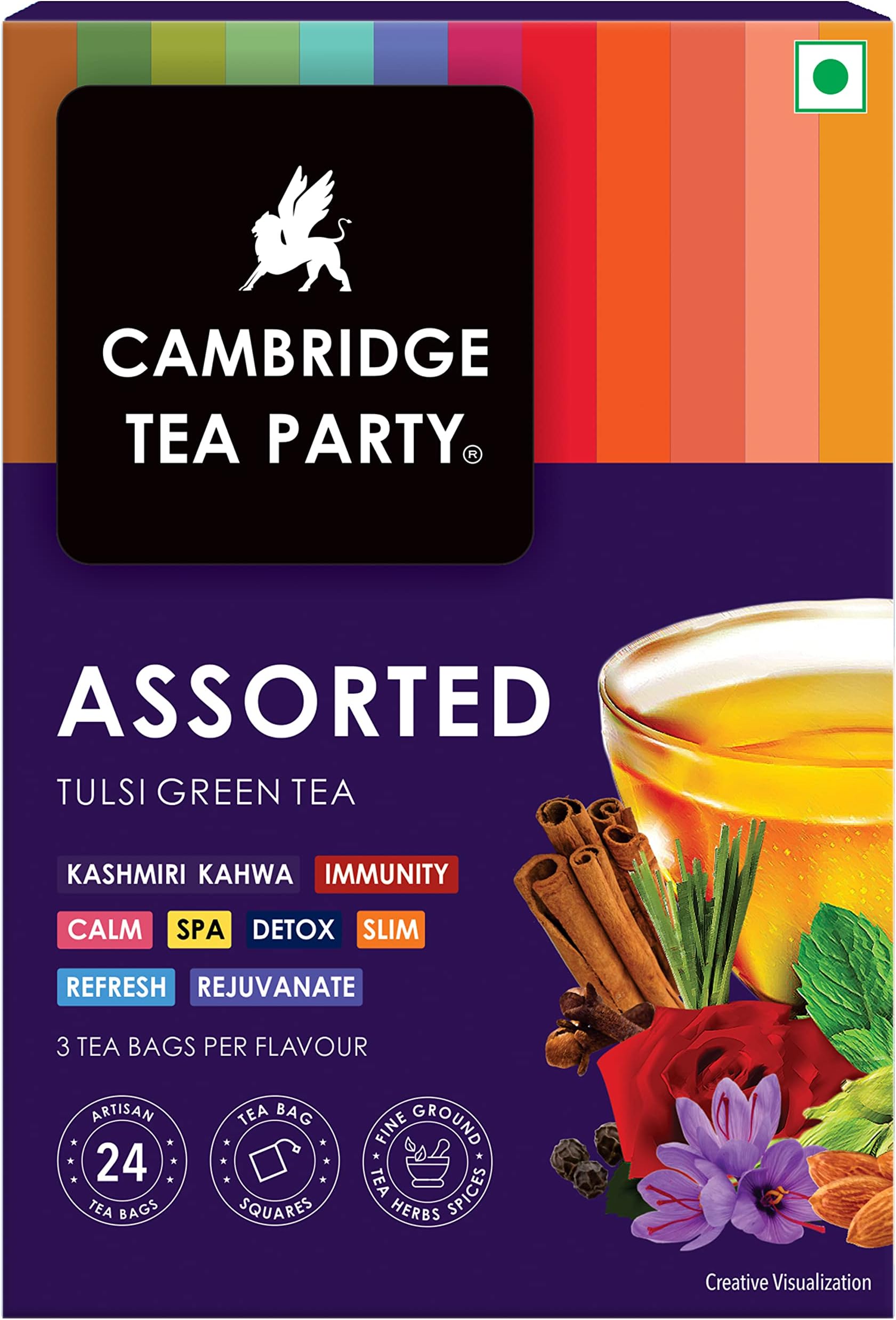 Assorted Tea,Sampler Pack,24 Tulsi Green Tea Bags,Detox Kahwa,Kashmiri Kahwa,Spa Lemongrass,Immunity Honey Lemon Ginger,Calm Chamomile,Slim Orange,3 Tea Bags Per Flavour, 57 gm