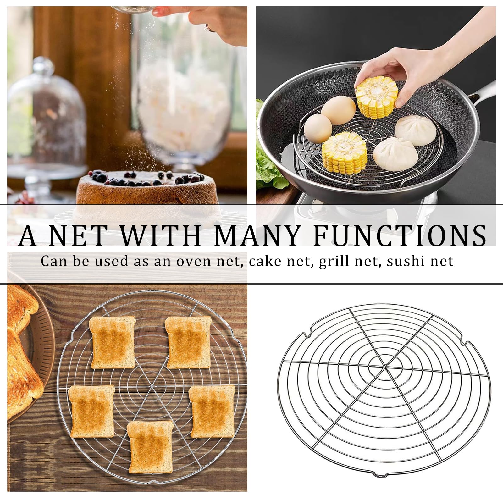 2 Pieces Round Cooling Rack, Stainless Steel Round Wire Oven Racks, Cooling Rack Dish Holder, Baking Cookie Rack, with Feet, for Cooling Baking Cooking Steaming, Metal Silver - Image 4