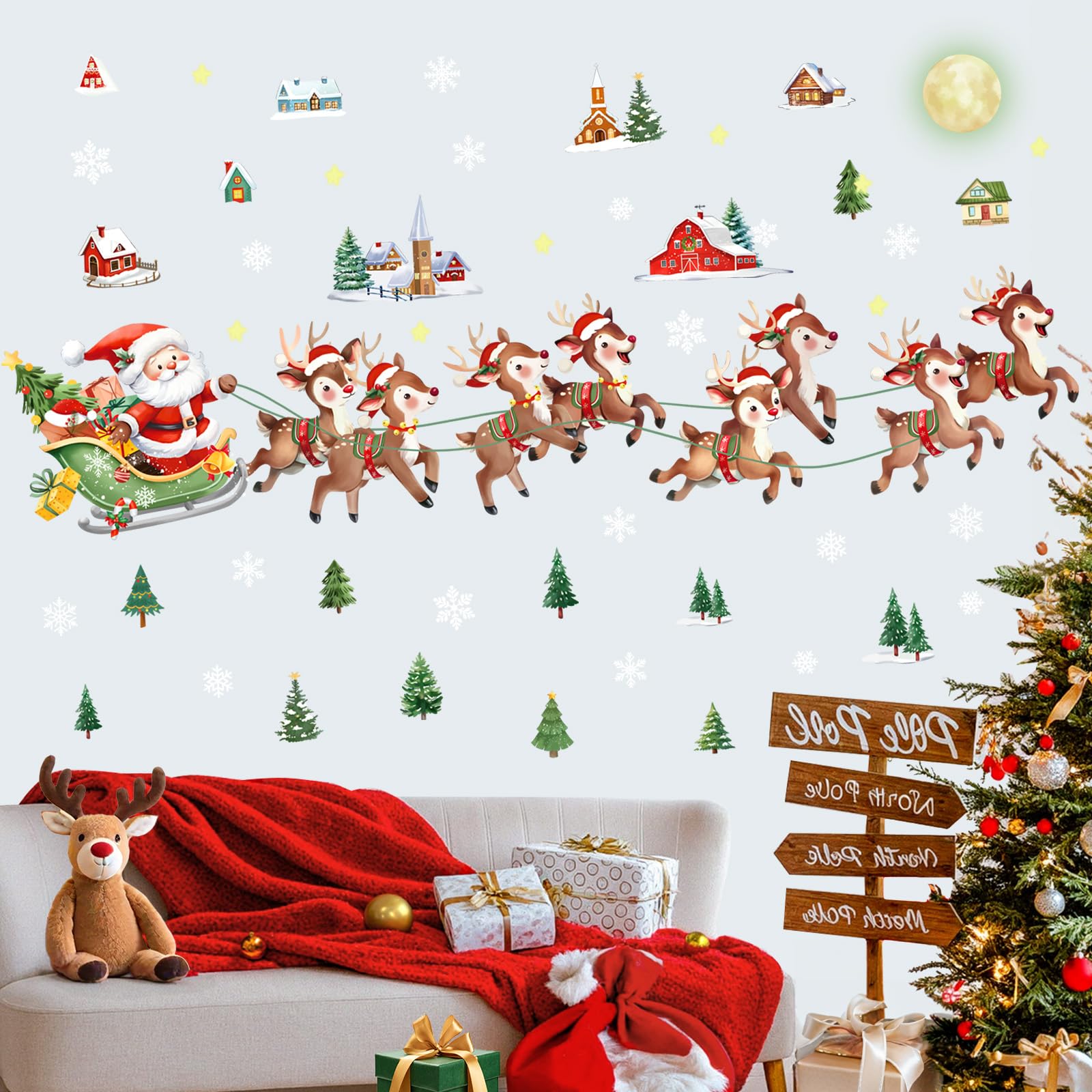 decalmile Christmas Santa Claus Reindeer Window Wall Decals Winter Xmas Tree Wall Stickers Snowflake House Window Clings Christmas Party Window Showcase Door Decorations - Image 2