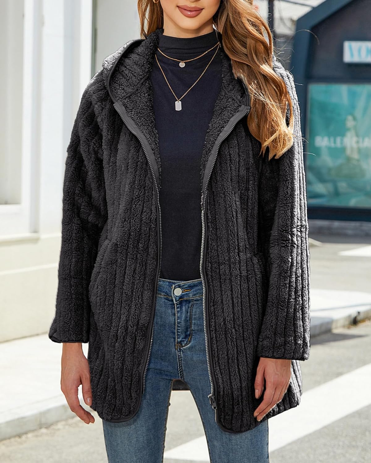 Womens Fleece Jacket Hooded Winter Warm Full Zip Long Sleeve Sherpa Jacket Coat Outerwear with Hood (S-5XL) - Image 2