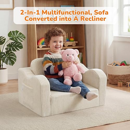 Miniatura 5 de MeMoreCool Silla Infantil 2 en 1, Sofá Cama Plegable para Niños, Beige (Edades 1-3) – Silla de Terciopelo que se Extiende a Sofá-Cama Espuma