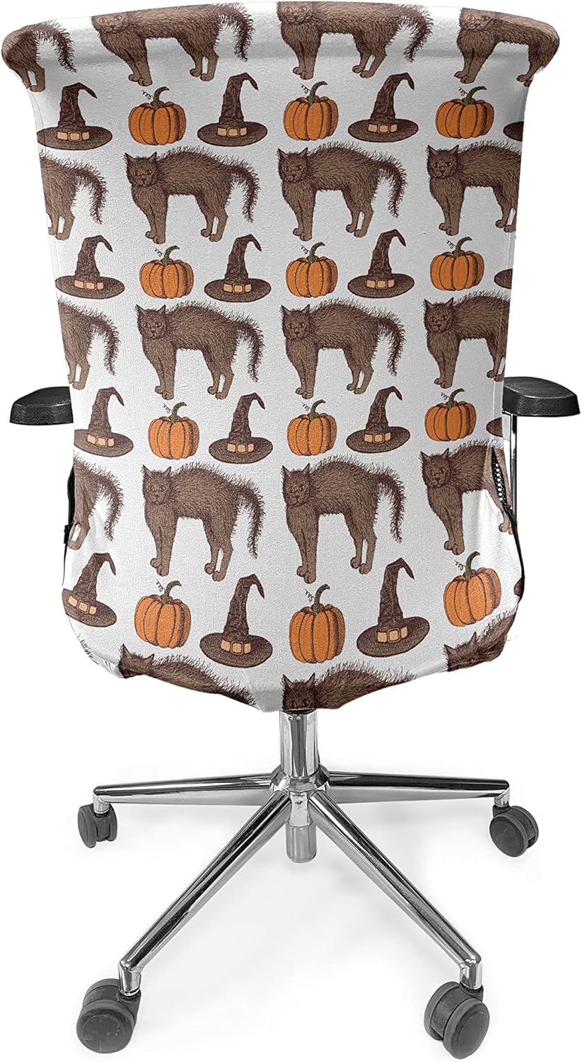 Ambesonne Halloween Office Chair Cover, Seasonal Vintage Pattern with Pumpkin Squash Witch Hats and Cat, Stretchable Decorative Universal Size High Back Printed Slipcover, Orange Brown
