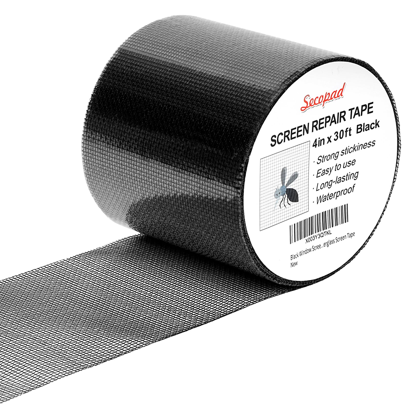 Black Window Screen Repair Kit, 4 in X 30 FT (360IN) Screen Repair Tape for Windows or Doors, Strong Adhesive Fiberglass Mesh Patch Tape