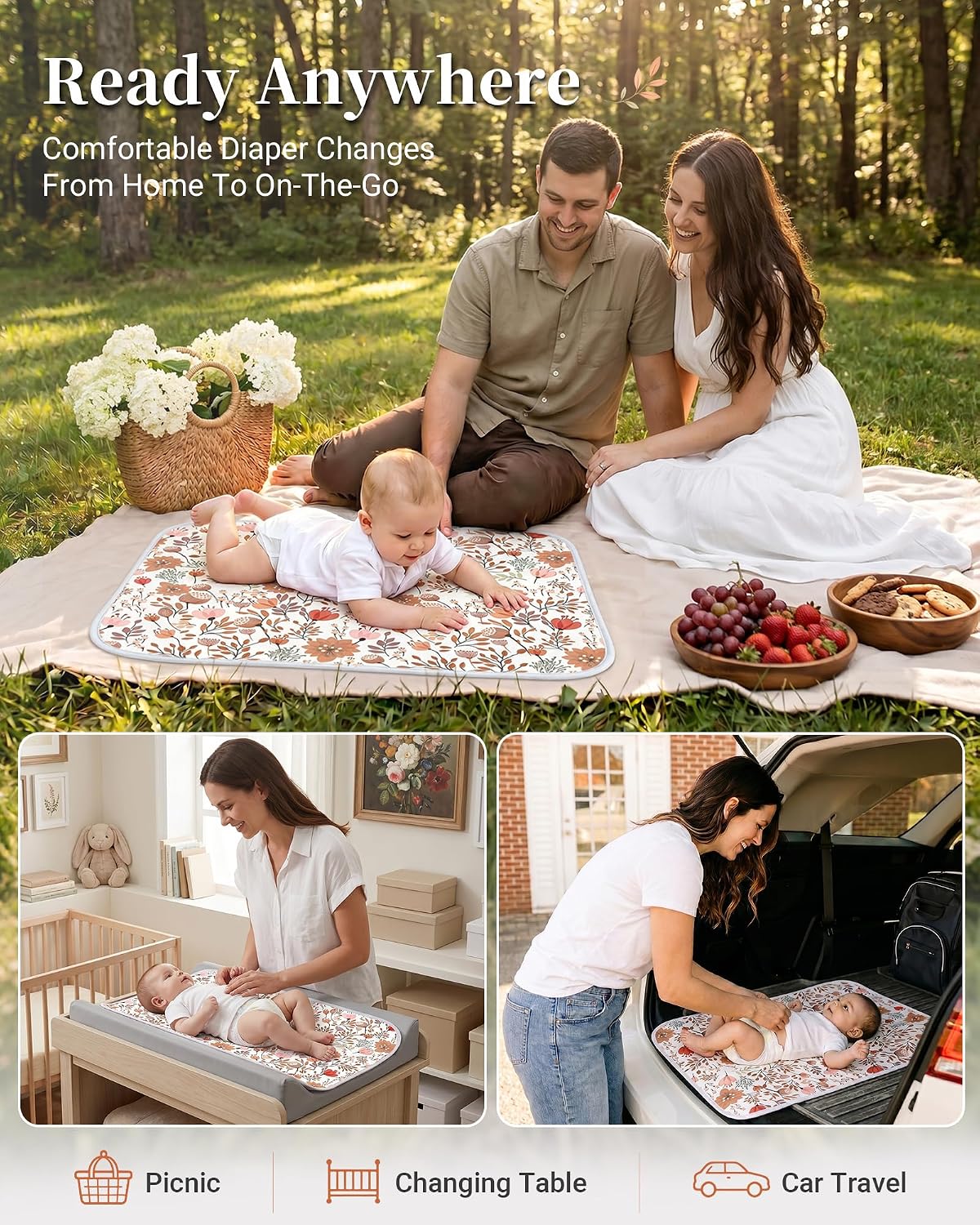 Baby Changing Pad, Diaper Changing Mat for Dresser, Changing Table, Travel, 100% Cotton Surface, Breathable & Waterproof, Shower Gift for Newborn Girls, Extra Large 24" x 30" Pink Flower