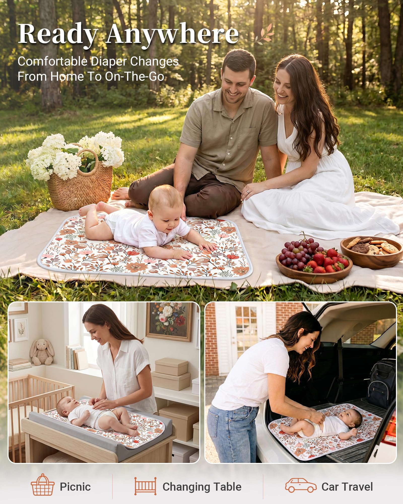 Cambiador de pañales para bebé, tapete de cambio de flores, almohadilla de cambio impermeable de 3 capas, tapete plegable absorbente para mujeres, almohadillas reutilizables para incontinencia para