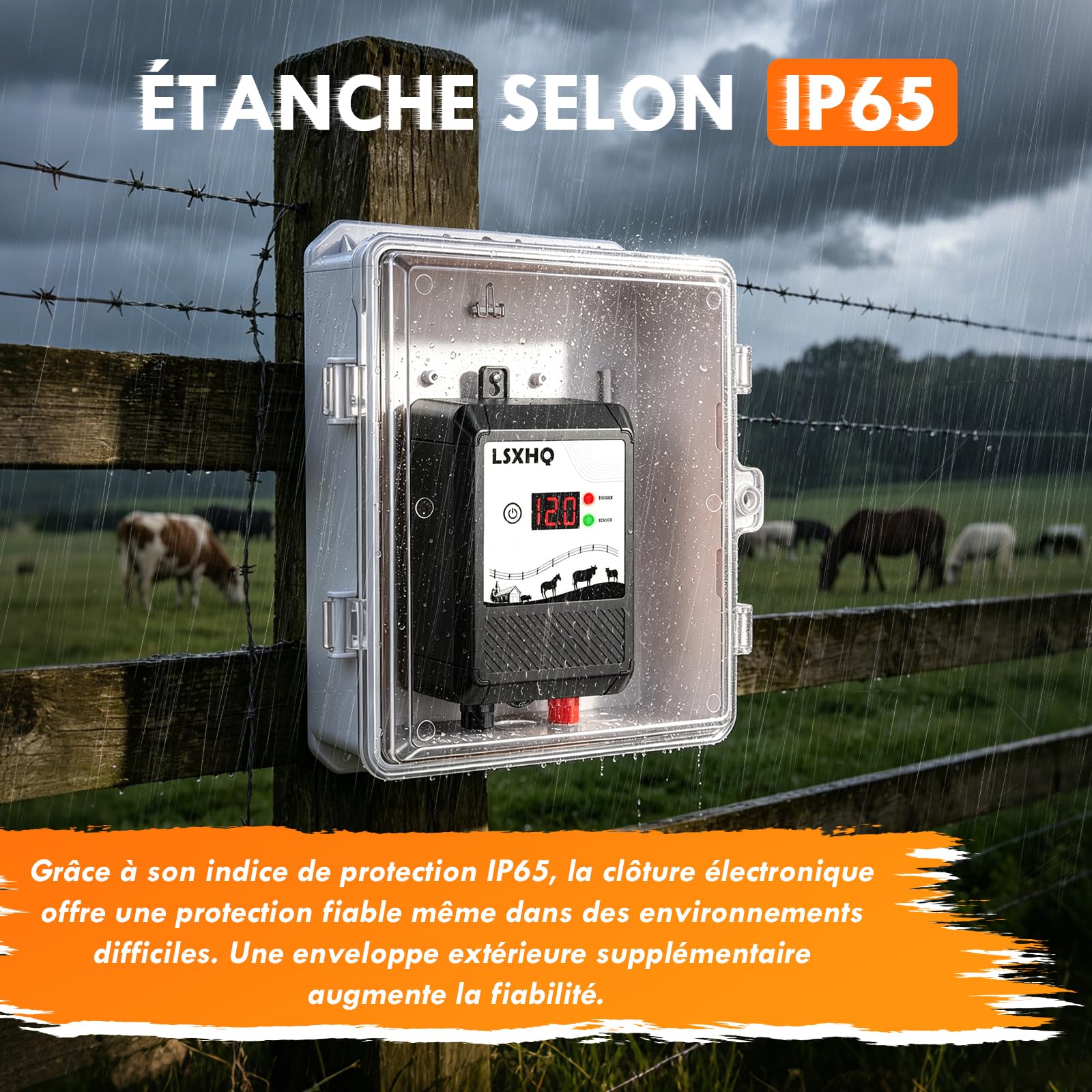 Clôture Électrique 10 km Pour Bétail Et Animaux, Électrificateur 12 kV 2.0 J Avec Câble De Clôture 200 m & 50 Isolateurs Annulaires, Protection Pour Jardin, Pâturage Et Ferme (Kit Noir)