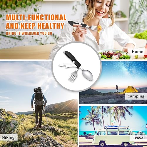 Miniatura 5 de Utensilios para campamento, 4 en 1, tenedor, cuchillo, cuchara, abridor de botella con funda para guardarlos, de acero inoxidable, de Hikenture (TM)