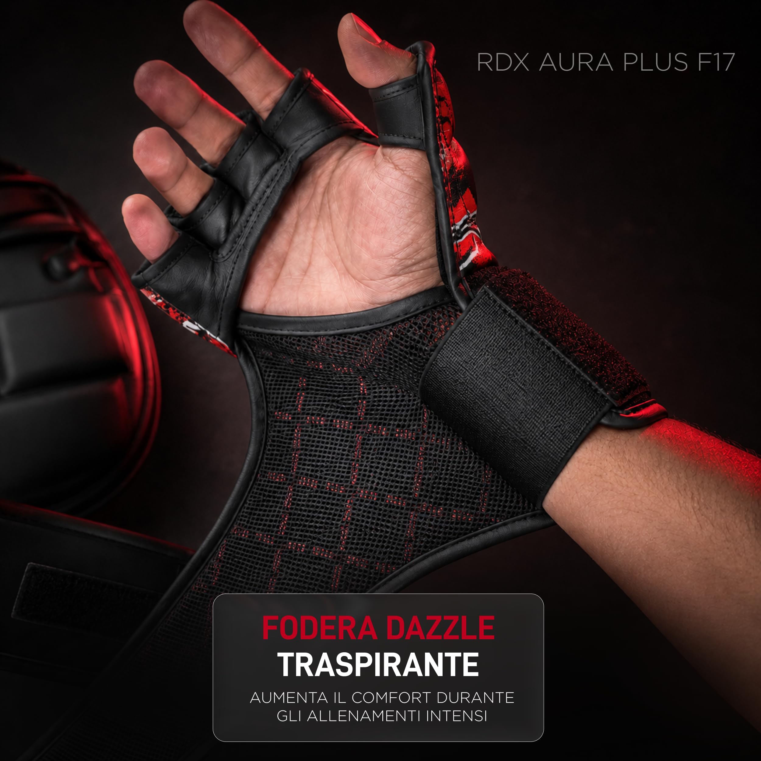 RDX New Aura Plus F17 Guanti da Grappling per Uomo e Donna, Guanti MMA a Palmo Aperto, Guanti da Allenamento per Presa, Sparring e Lotta a Terra, Imbottitura Ammortizzante, MMA Gloves
