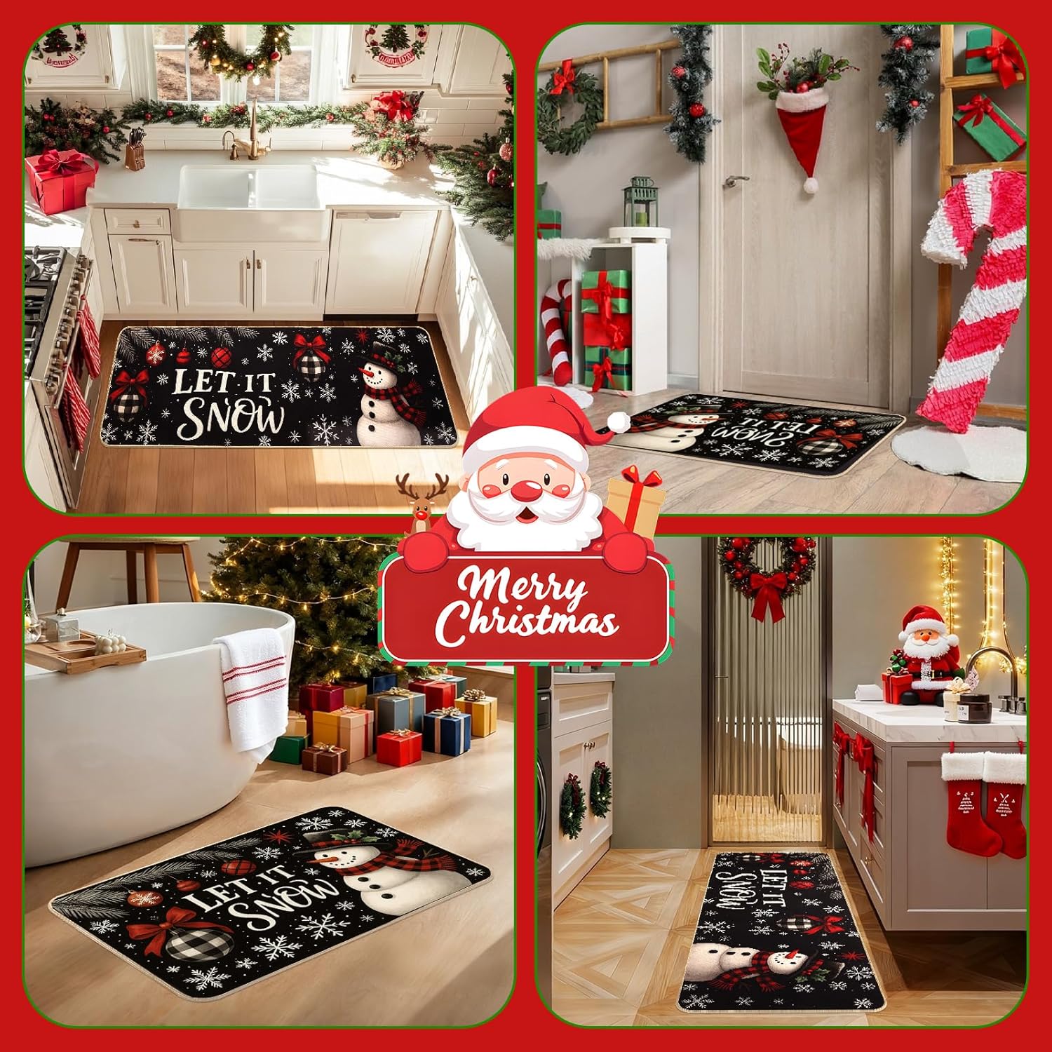 Mirok Kitchen Rugs Christmas Set of 2,Snow Christmas Kitchen Mat Farmhouse Christmas Decor Winter Kitchen Rug Mats Winter Rugs Indoor (Black,17"x29"+17"x47")