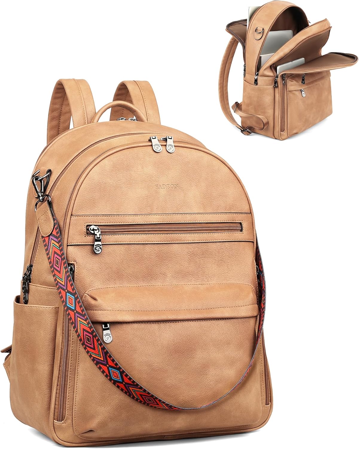 FADEON 15.6 inch Laptop Backpack Purse for Women Designer PU Leather Computer Backpacks Fashion for Work Travel Camel Brown