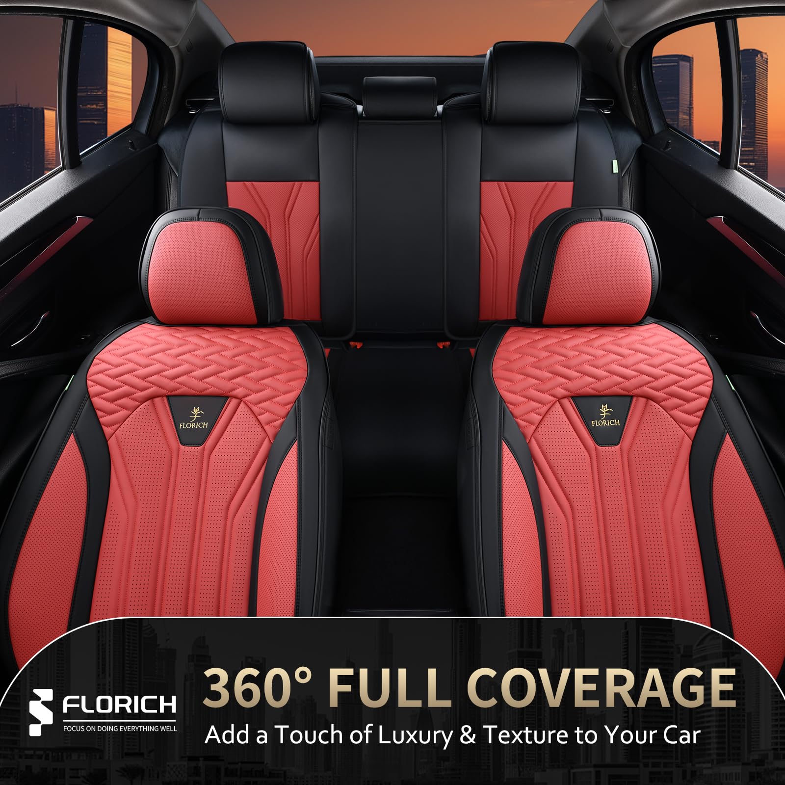 FLORICH Leather Seat Covers, Car Seat Covers Full Set, Car Seat Protectors 5 Seats, Automotive Seat Covers Driver Seat Covers Fit for Most Cars Trucks SUV-Black&Burgundy
