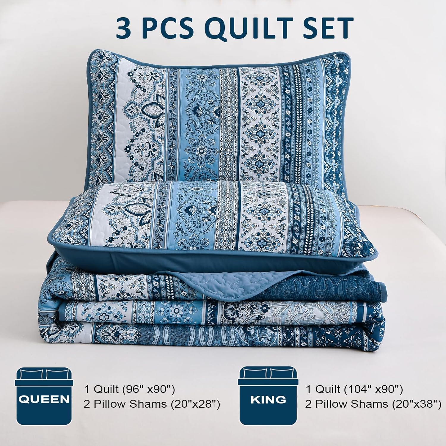 WONGS BEDDING Blue Quilt Set Twin Size, Boho Stripe Printed Bedspread Set with Pillow Shams, Bohemian Lightweight Microfiber All Season Bedding Coverlet Set(2 Pieces, Twin Size) - Image 7