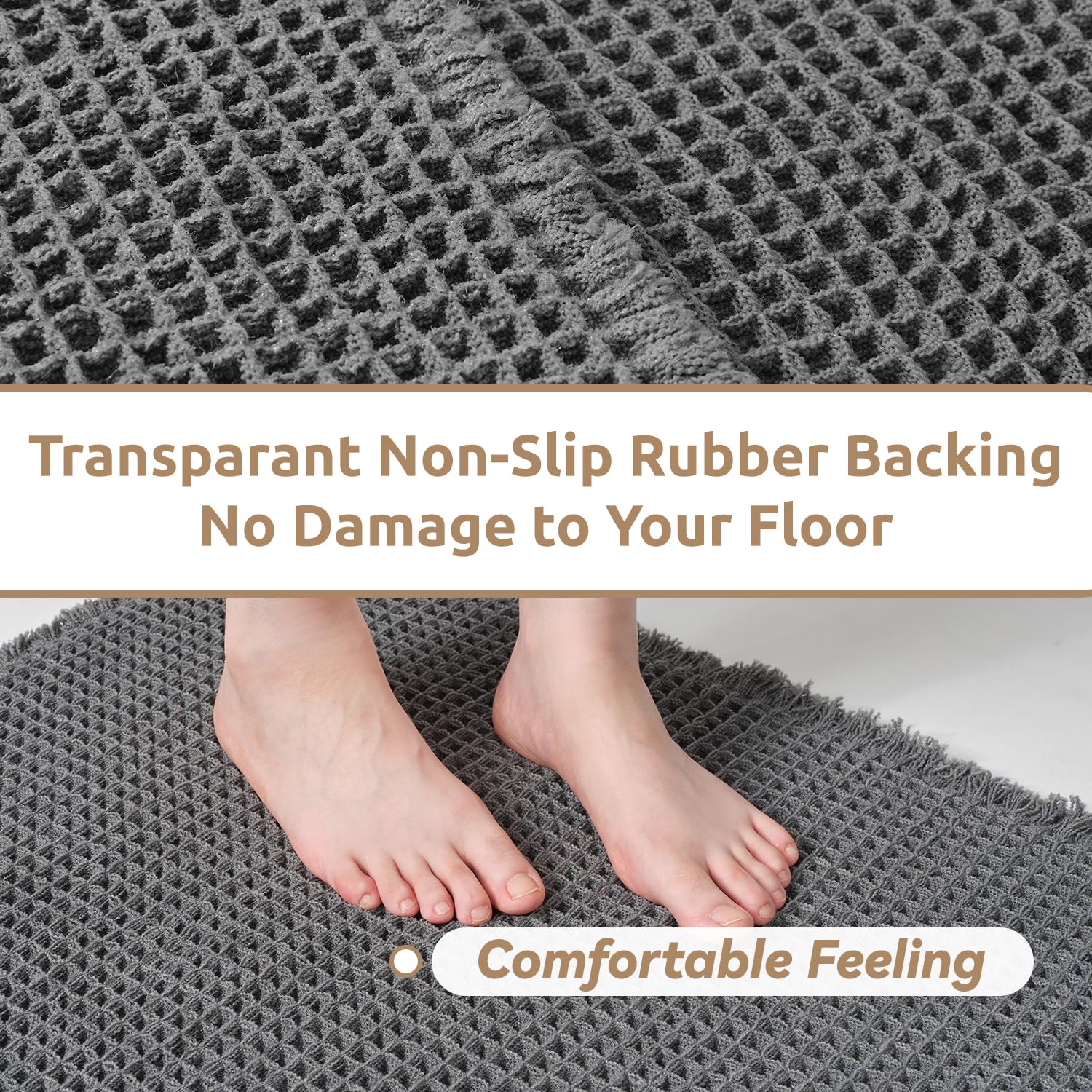 SIXHOME Wafelbadmat Superabsorberend Antislip Badmat Ultrazacht voor Badkamer Wasbare Badmatten met Kwastjes Rubberen HFG Donkergrijs 50 * 150cm