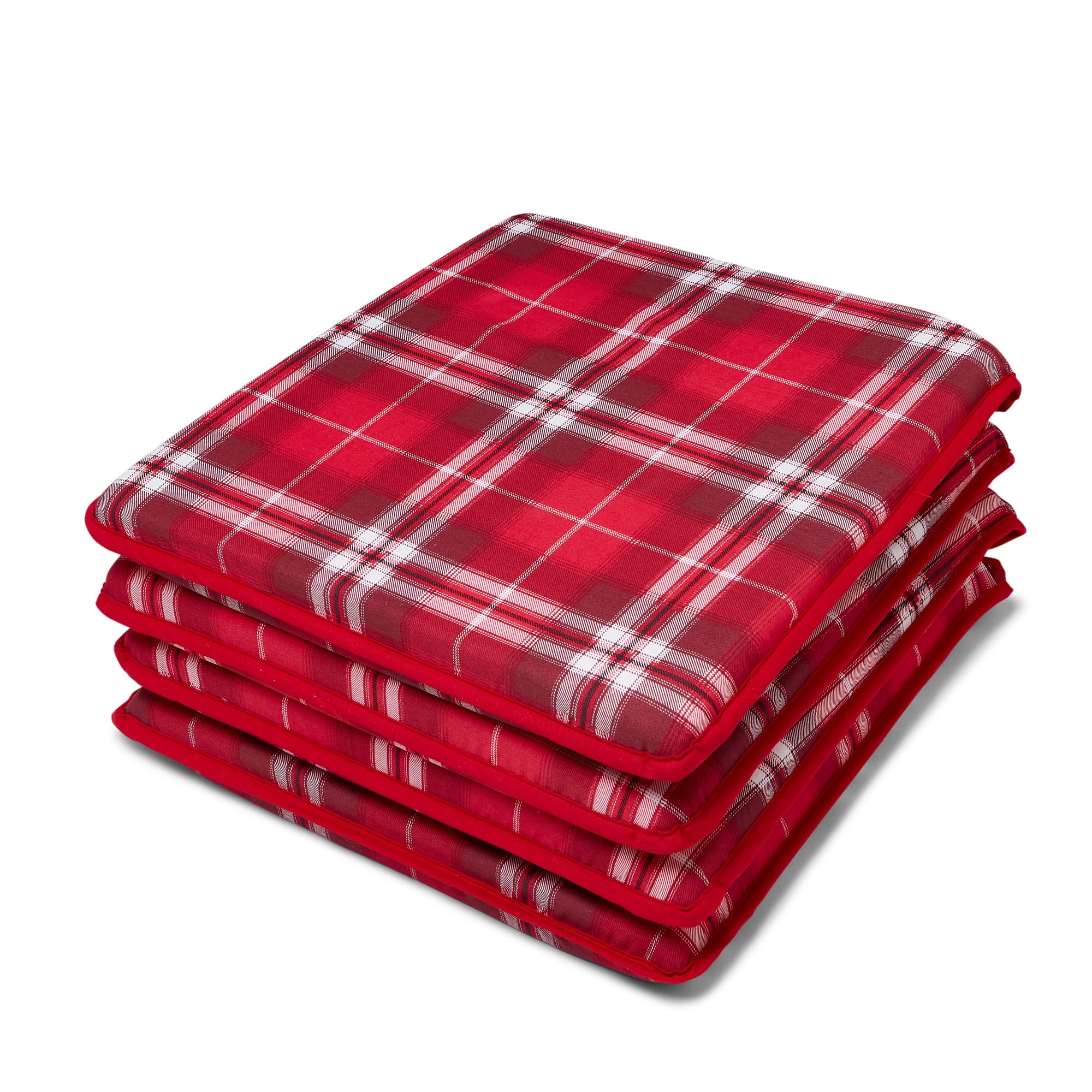 Charlotte Andersen Set of 4 RED Highland Tartan Check Seat Pads Memory Foam Kitchen Dining Garden Chair Cushion With Ties Zipped Removable Covers (RED, 4)