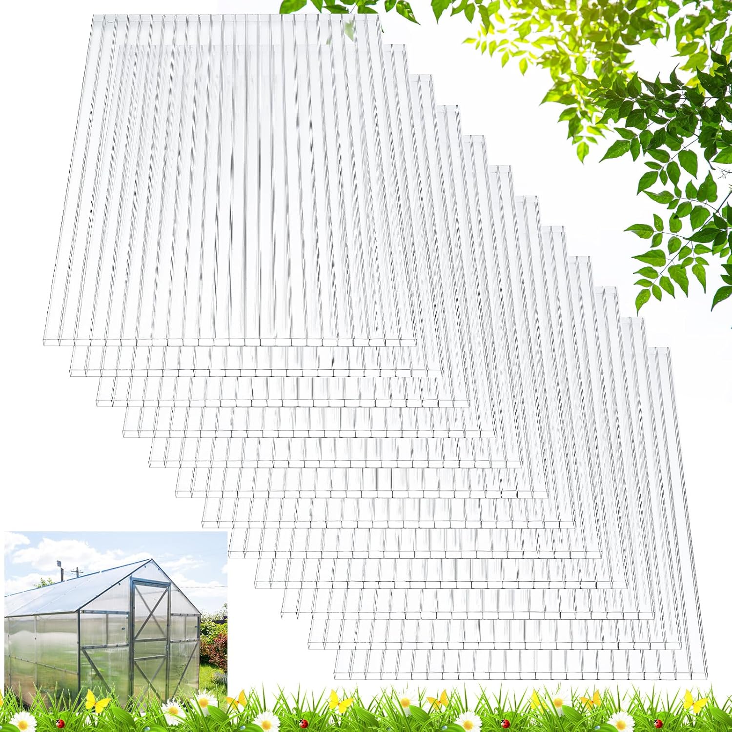 Tatuo 6 Pack 4' X 2' X 0.16'' Polycarbonate Greenhouse Panels Polycarbonate Sheets Twin-Wall Roof Panels Waterproof UV Protected Clear Corrugated Plastic Roofing for Greenhouse Replacement 4' X 2' X 0.16'' 6
