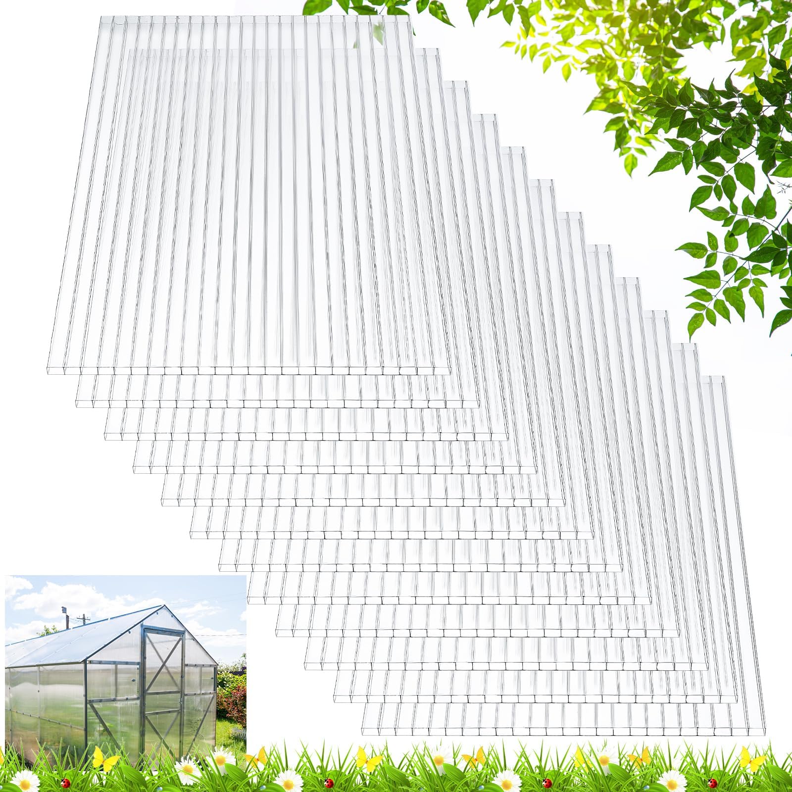 Tatuo 12 Pack 4' X 2' X 0.16'' Polycarbonate Greenhouse Panels Polycarbonate Sheets Twin-Wall Roof Panels Waterproof UV Protected Clear Corrugated Plastic Roofing for Greenhouse Replacement