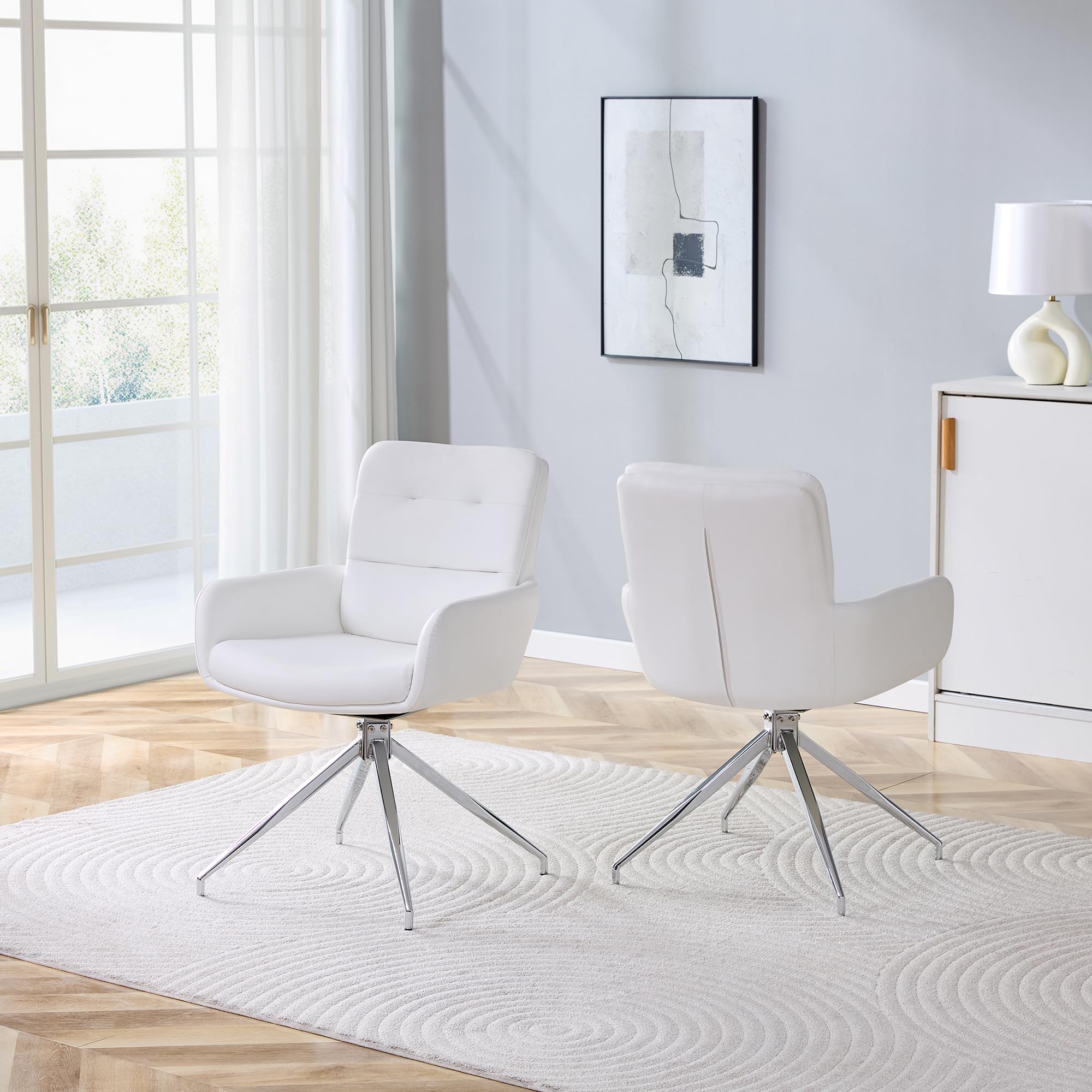 Juego de 2 sillas giratorias ligeras de diseño de lujo, color blanco, PU y patas de metal plateadas