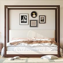 Christopher Knight Home King Size Canopy Bed Frame with White Upholstered Headboard, Modern Canopy King Bed, Solid Wood Platform Bed Frame King Size with Slats Support, No Box Spring Needed, Espresso
