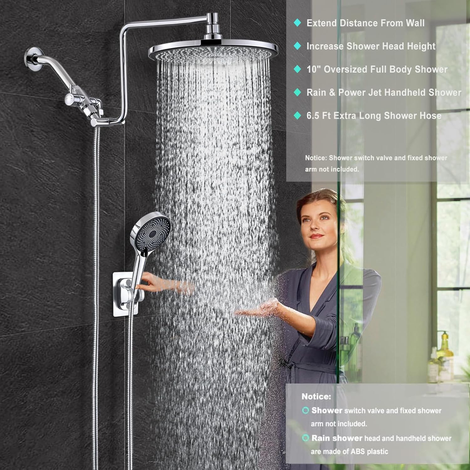 10" Rainfall Shower Head with Handheld Combo, Upgrade 12" Extension Arm Height Adjustable, 3-Way High Pressure Spray, Shower Holder Extra Long Hose, Chrome