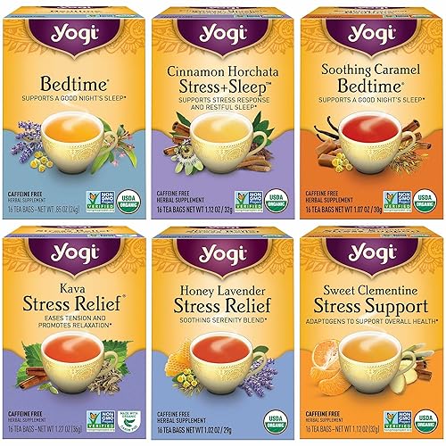 Yogi Paquete Variado de Té para Alivio del Estrés y Té Herbal - 16 Bolsas por Paquete (6 Paquetes) - Muestra Herbal Orgánica - Incluye Bedtime, Kava