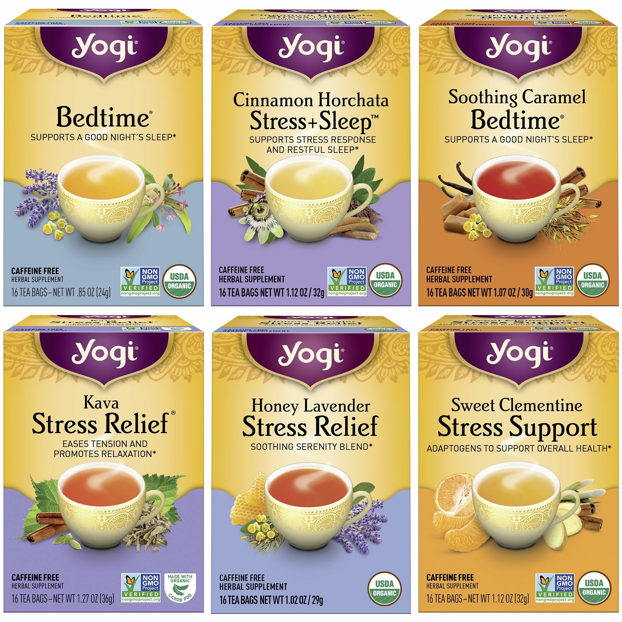 Tea Stress Relief & Herbal Tea Variety Pack - 16 Bags per Pack (6 Packs) - Organic Herbal Sampler - Includes Bedtime, Kava Stress Relief, Soothing Caramel Bedtime & More