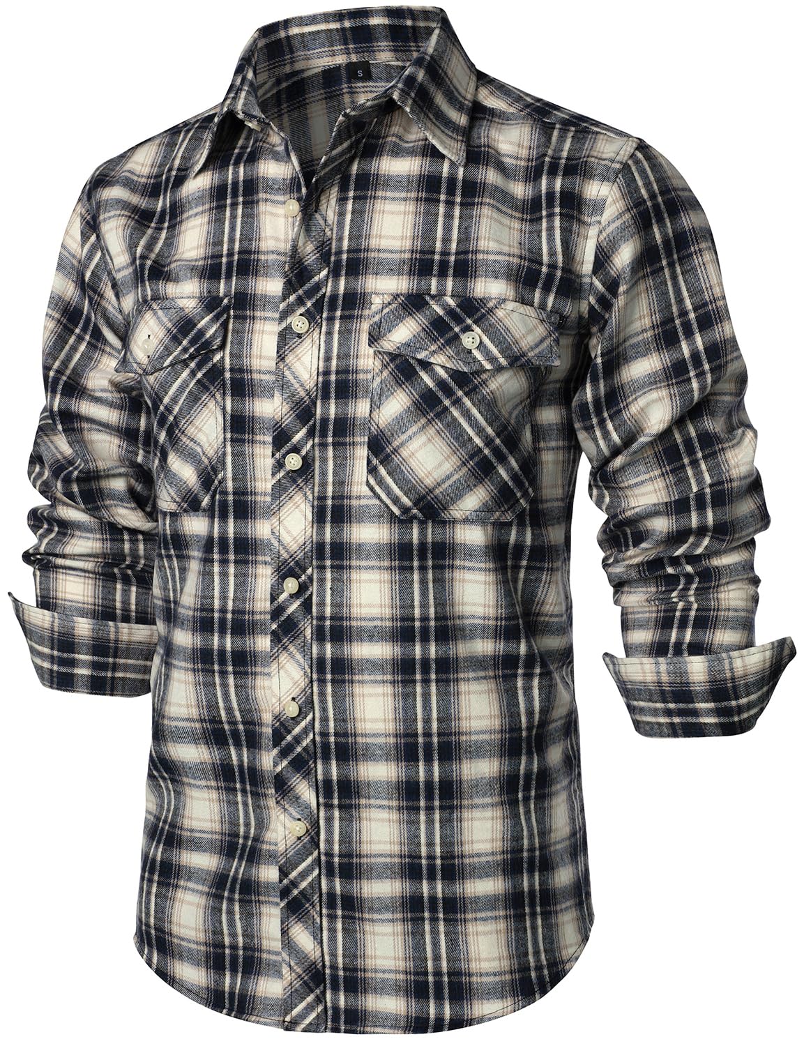 ZEROYAA Men's Casual Regular Fit Button Up Flannel Checked Plaid Shirts with Pockets