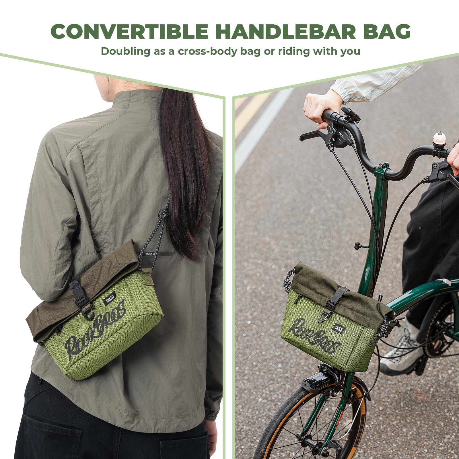 ROCKBROS Borsa da Manubrio per Bici Pieghevole Brompton e Bicicletta con Manubrio Piatto, Capacità Espandibile 2.8-4.6L Roll-Top, Borsa a Tracolla Regolabile Anti-usura e Stabile per Commute Ciclismo