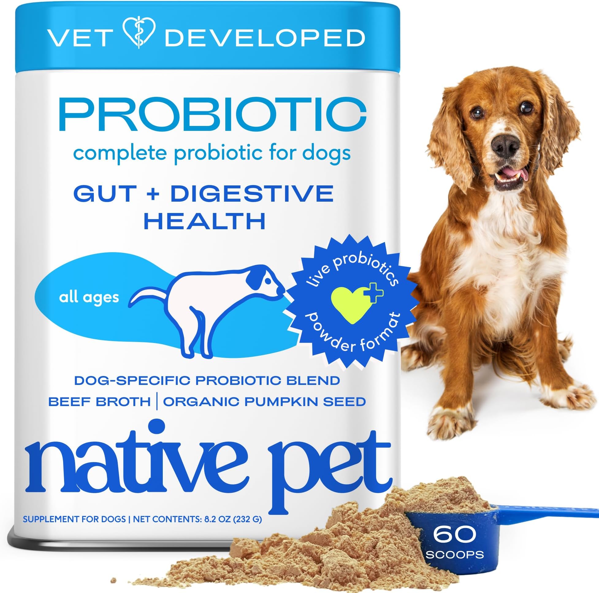 Native Pet Probiotics for Dogs – Dog Probiotic Powder for Gut & Digestive Health, Vet-Formulated 6B CFUs Dog-Specific Probiotic Strains, Supports Stool Quality & Diet Transitions – 60 Scoops