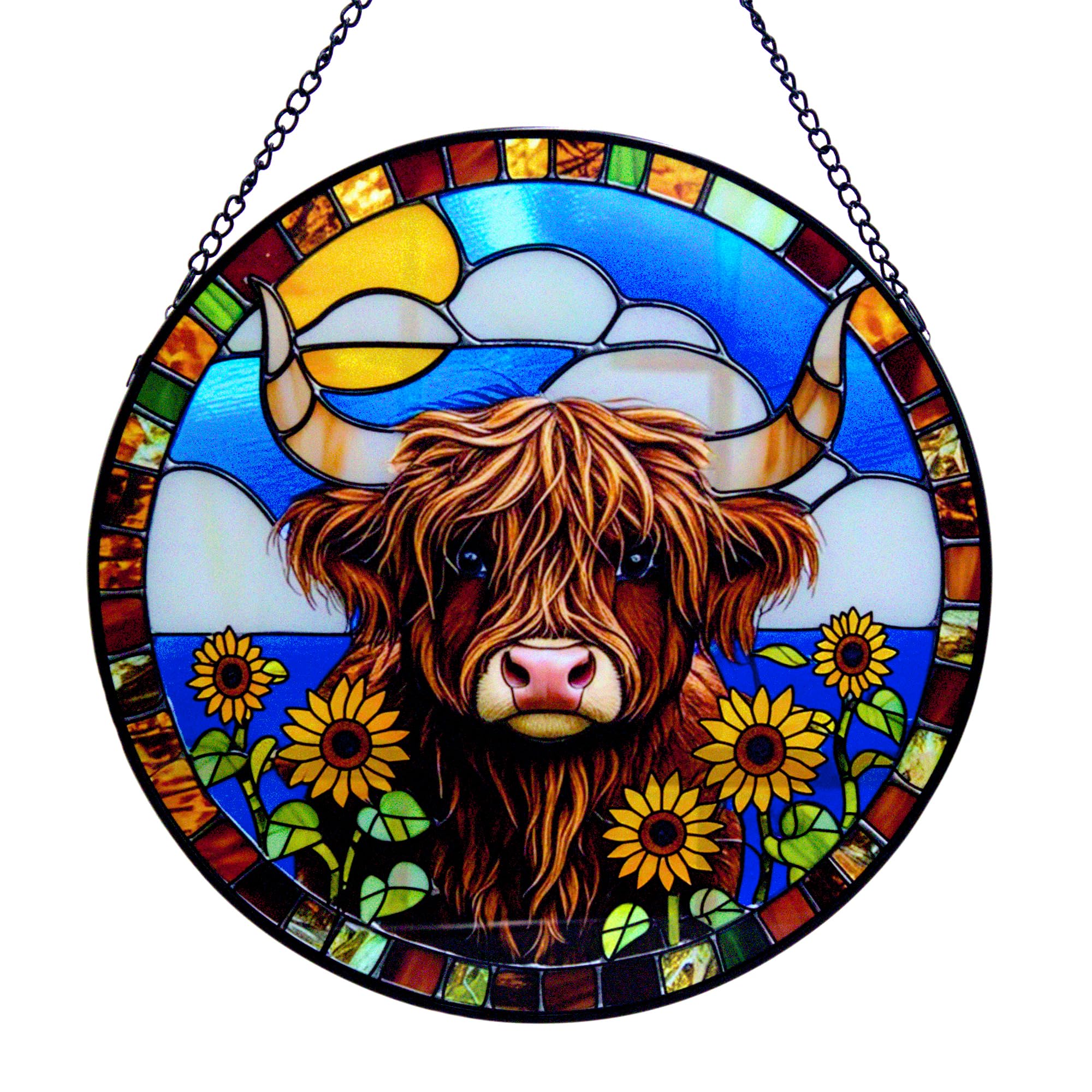 Cello Suncatcher Window Hanging Decoration – Sunflower Highland Cow Sun Catcher Ornament for Home Decor Rustic Farmhouse Country Style Stained Glass Gift Indoor Window Art — image 1