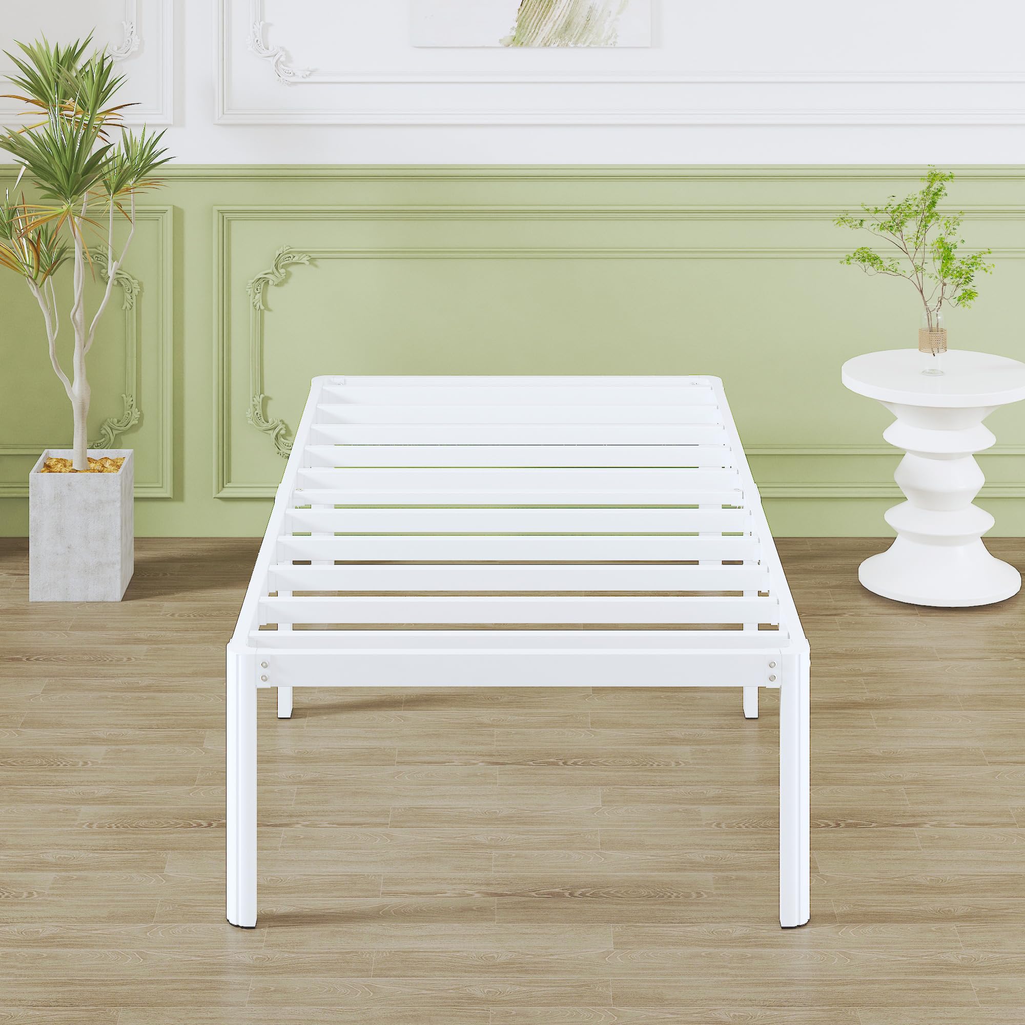 Lutown-Teen46 cm High European Single Bed Frame 90x200 with Rounded Corners, Heavy Duty Metal Bed Frames Single 3ft with Steel Slats, Ample Storage Underneath, Noise Free, Easy Assembly, White