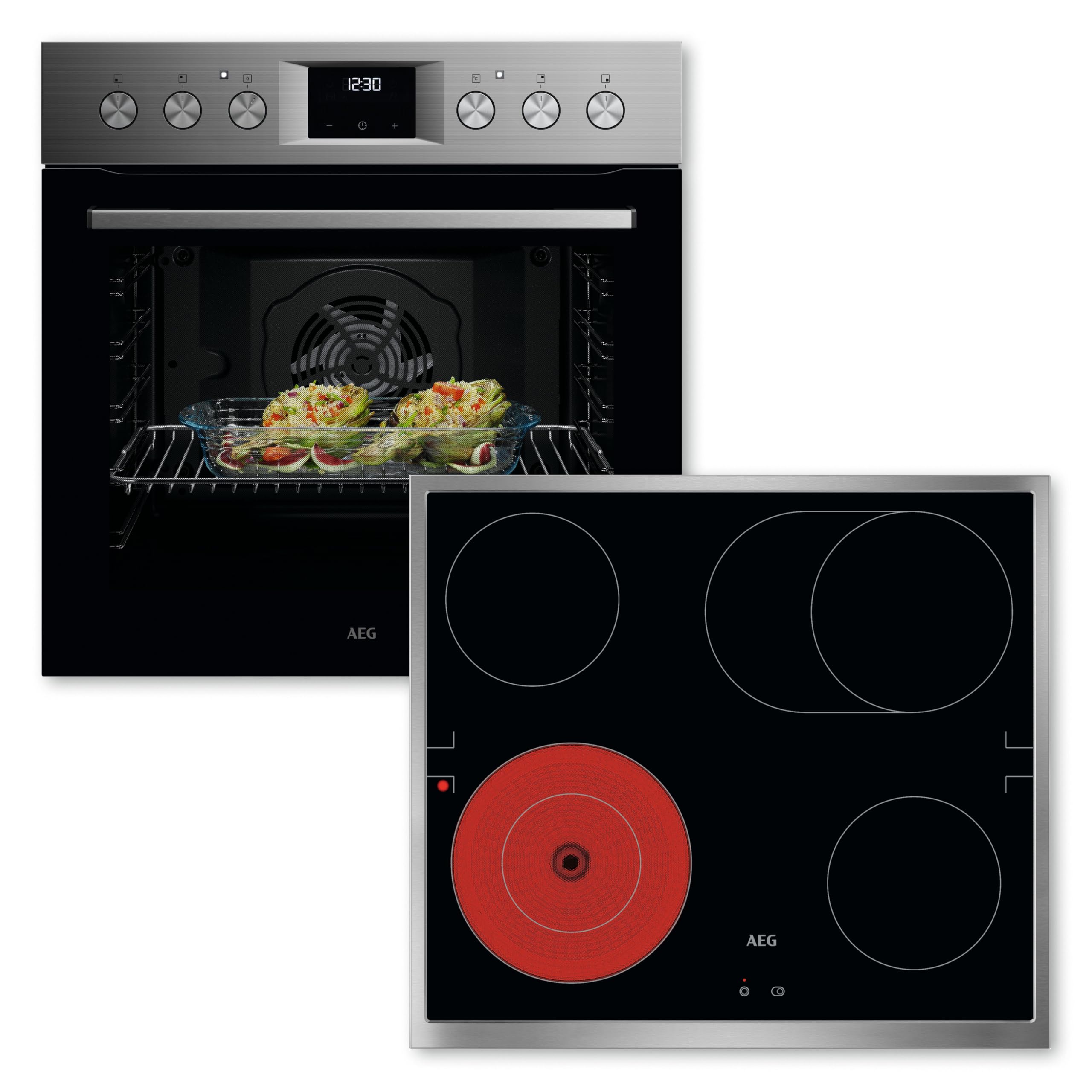AEG Einbauherd-Set AMZ110HSM, bestehend aus Herd OU5AE20SM Serie 5 mit Ringheißluft: gleichmäßige Garergebnisse auf 3 Ebenen & strahlenbeheiztem Kochfeld TA64RAS6XB 60cm: Bräter- und Zweikreiskochzone