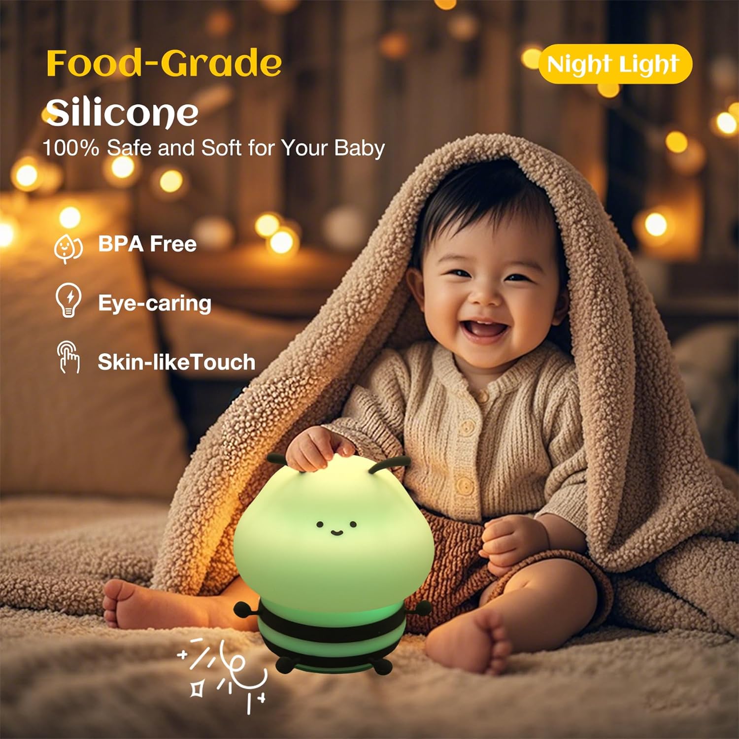 Bee Night Light For Kids, Squishy Lamp, Animal Night Light, 3 Levels Of Brightness,Kids Lamp Color Changing,7colors Kawaii Touch Lamps For Bedroom, portable Light, Nursery Nightlight, Baby Gifts